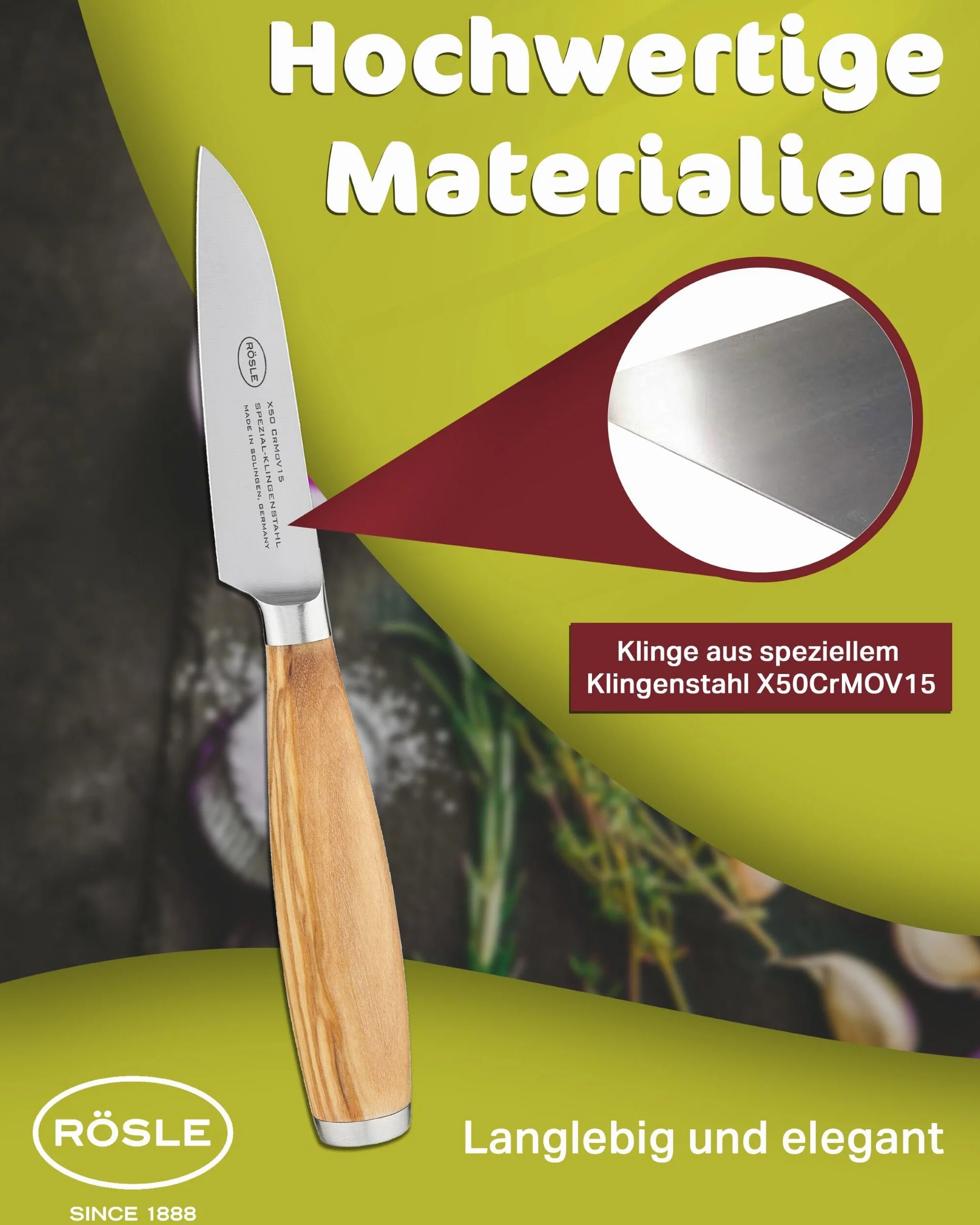 Rösle Nóż do warzyw Artesano 9 cm – wysokiej jakości nóż kuchenny do krojenia owoców i warzyw, ostry nóż do krojenia z ergonomicznym uchwytem z drewna oliwkowego