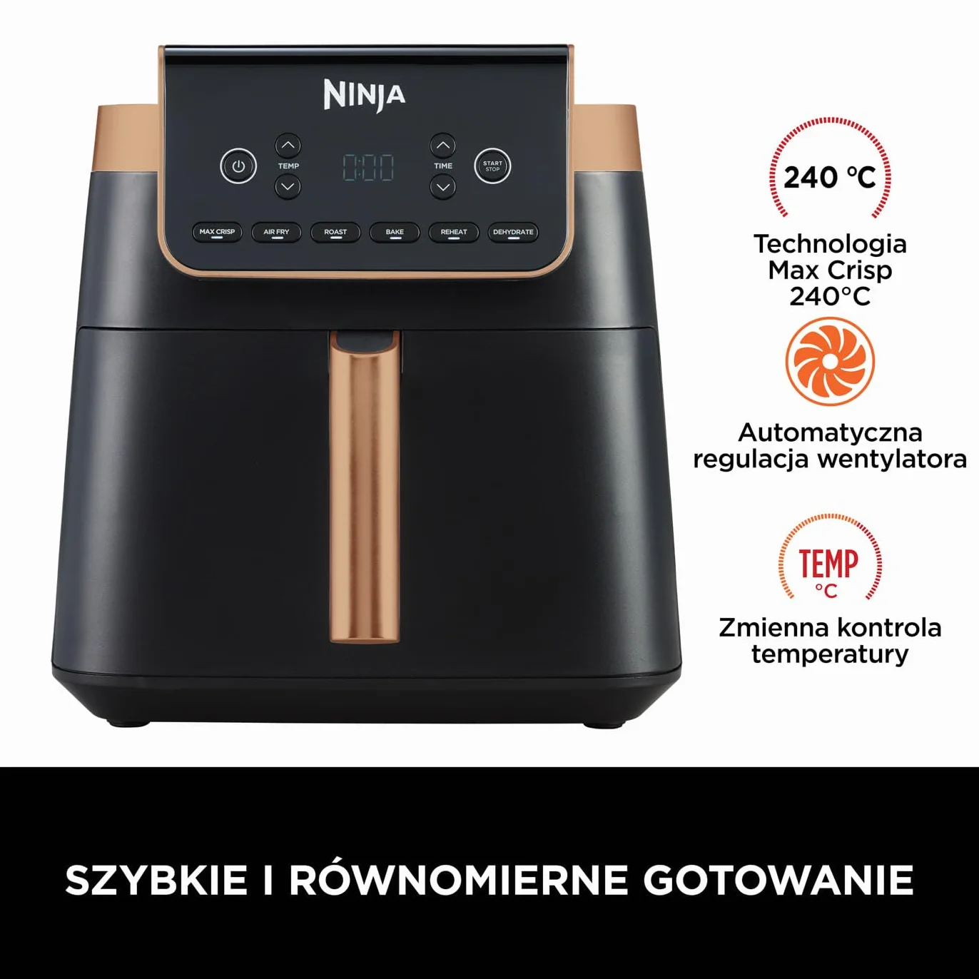 Ninja Air Fryer MAX PRO Frytkownica beztłuszczowa 6,2 l, nie używa oleju, jedna duża kwadratowa szuflada, rozmiar rodzinny, powłoka nieprzywierająca, kosz i talerz na chrupiące dania, AF180EUCP