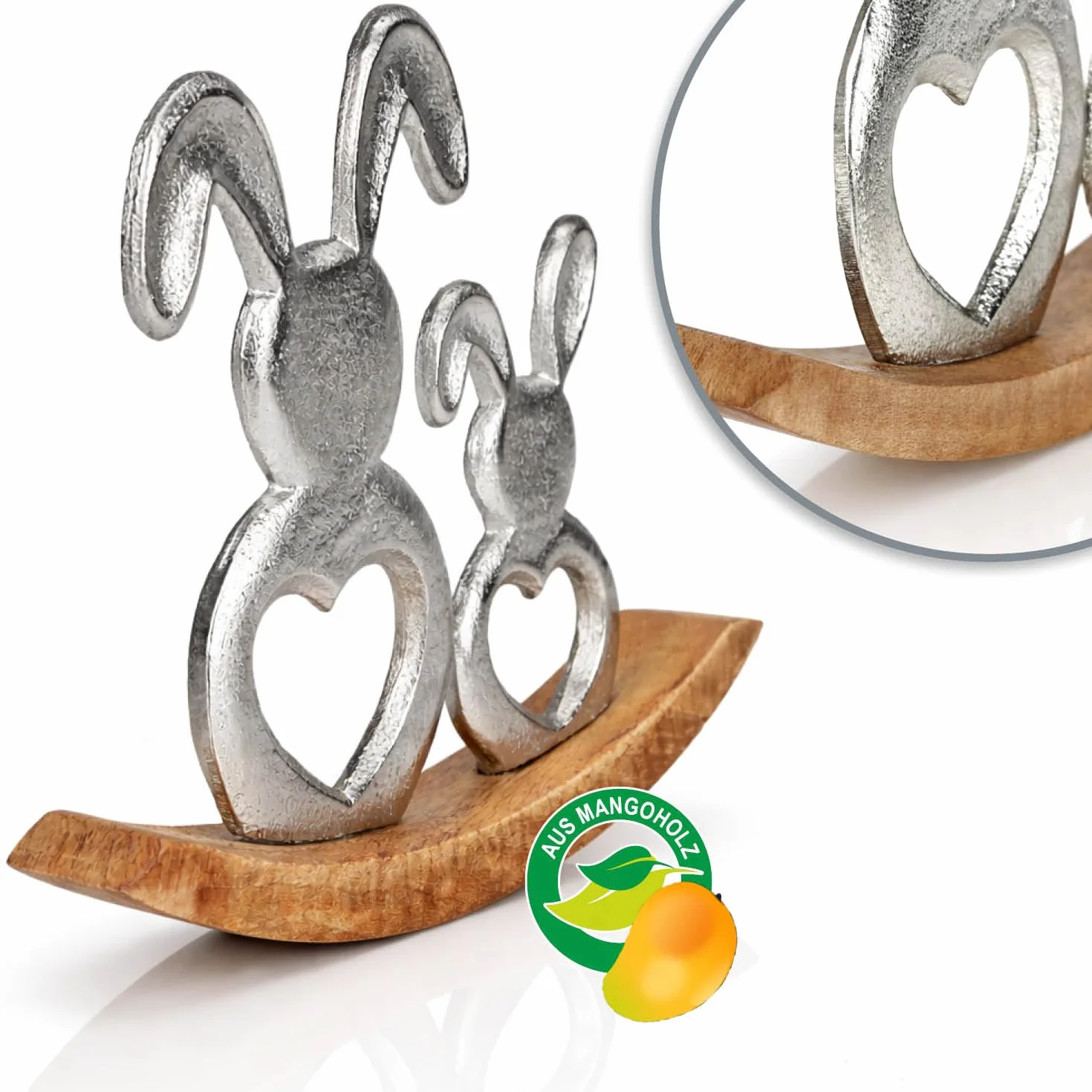 com-four® metalowe zajace wielkanocne z podstawa z drewna mango, eleganckie figurki stojace na wiosne (1x Królik/Hustawka)