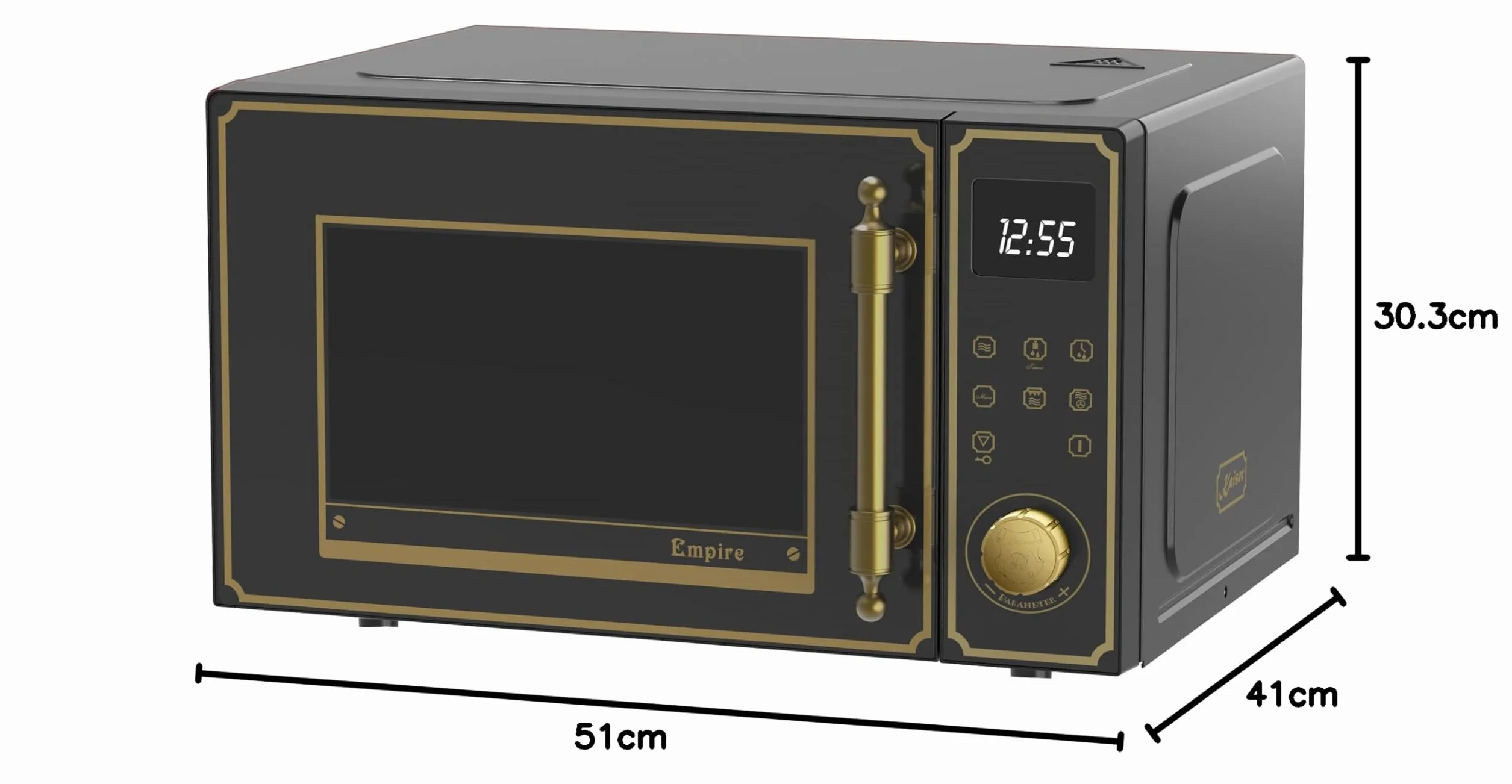 Kaiser Empire M 2530 Em Retro kuchenka mikrofalowa w kolorze czarnym | 25 l | grill 1200 W | gorące powietrze 2200 W | obsługa FullTouch z pokrętłem obrotowym | szklany front | uchwyt drzwi z