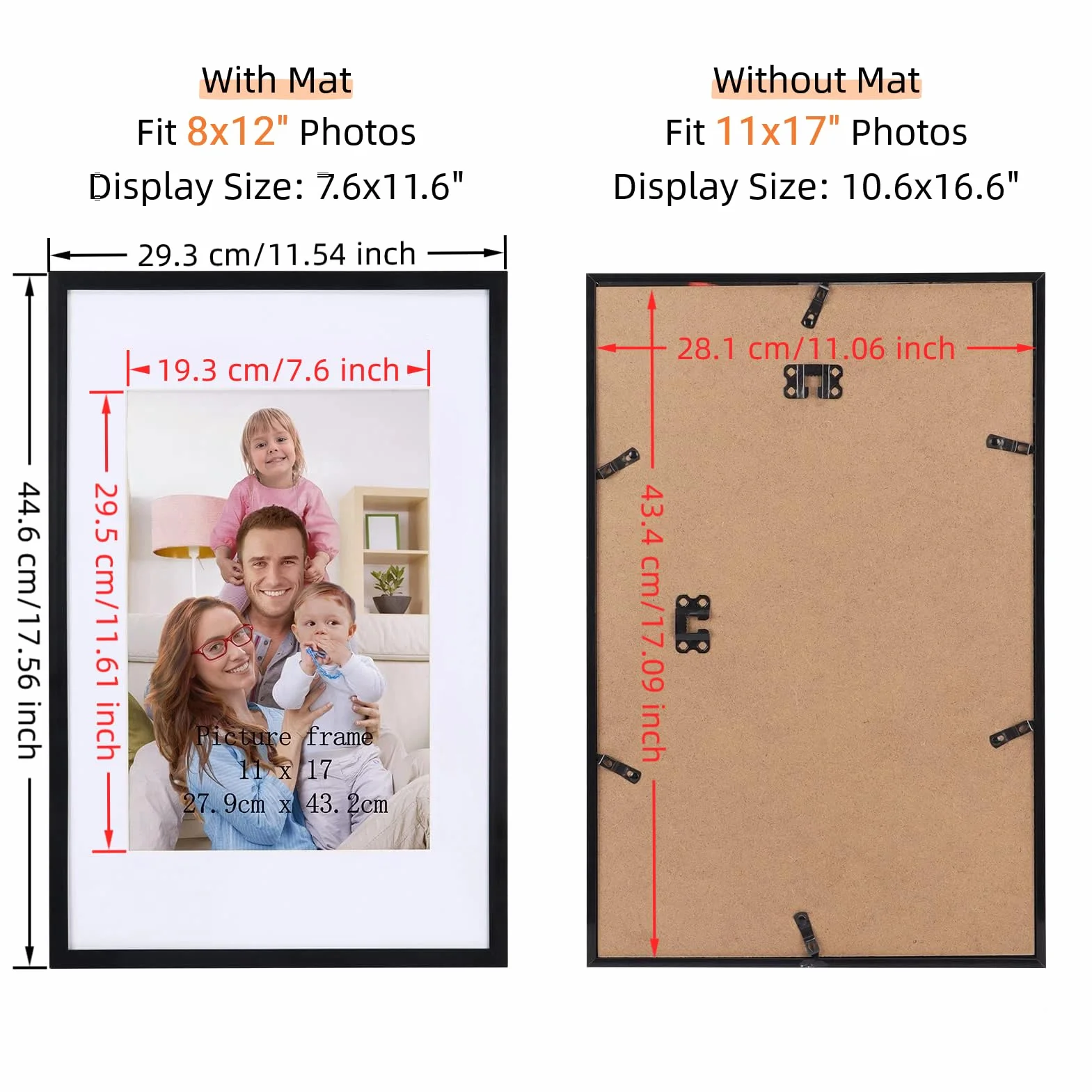 Giftgarden Ramka na zdjęcia 11 x 17, 4 szt., matowe ramki 18 x 17 na zdjęcia z matami, plakat 11 x 17 bez maty do zawieszenia na ścianie, czarna
