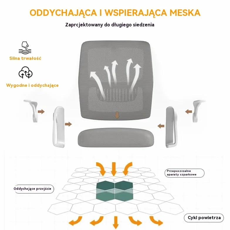 Krzesło Biurowe Ergonomiczne z Oddychającej Siatki, Wysoki Tył, Regulacja Wysokości, Obrotowe, Podłokietniki, Wsparcie Lędźwiowe Szary