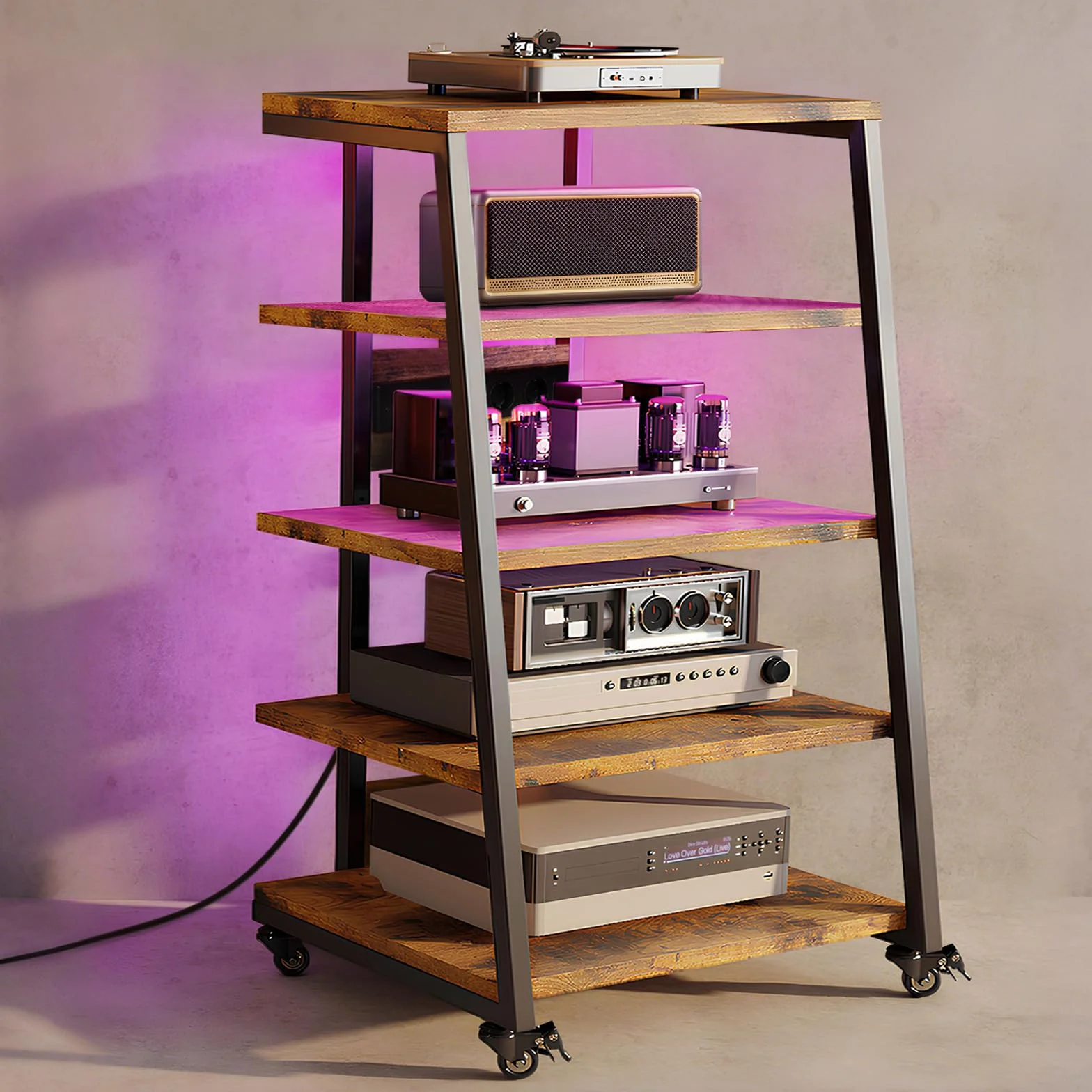 5-stopniowy stojak HiFi z kółkami, stół gramofonowy z listwami zasilającymi, diodami LED, regulowana półka, drewniany stojak na media, regał HiFi do systemu audio, system stereo, 60 x 52 x