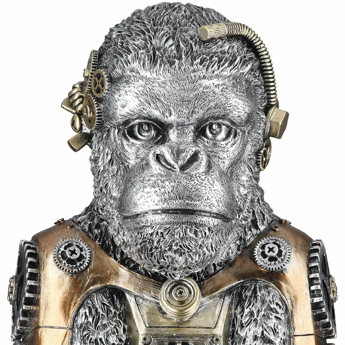 GILDE Figurka Steampunk goryl z żywicy syntetycznej, kolor srebrny, antyczne wykończenie, metaliczny wygląd, motyw koła zębatego, wysokość 31 cm