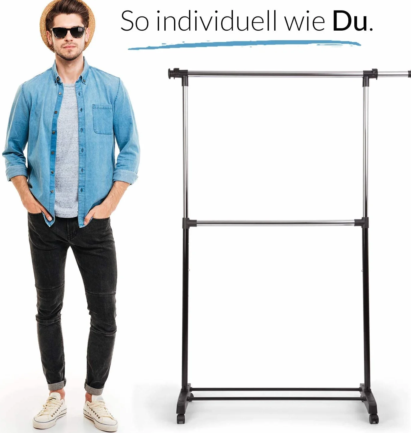 HELDENWERK Wieszak na ubrania, z kółkami, stabilny i wytrzymały, rozsuwany drążek na ubrania, stojak na ubrania