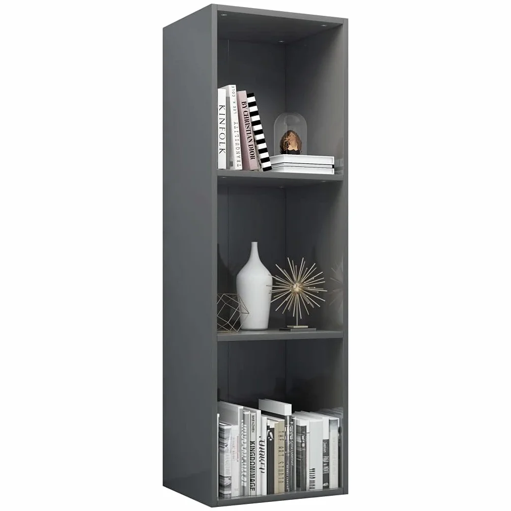 Regał na książki, szafka pod telewizor, wysoki połysk, szary, 36 x 30 x 114 cm, materiał drewnopochodny, 3 przegródki, uniwersalny organizer Cube do salonu, biura i sypialni