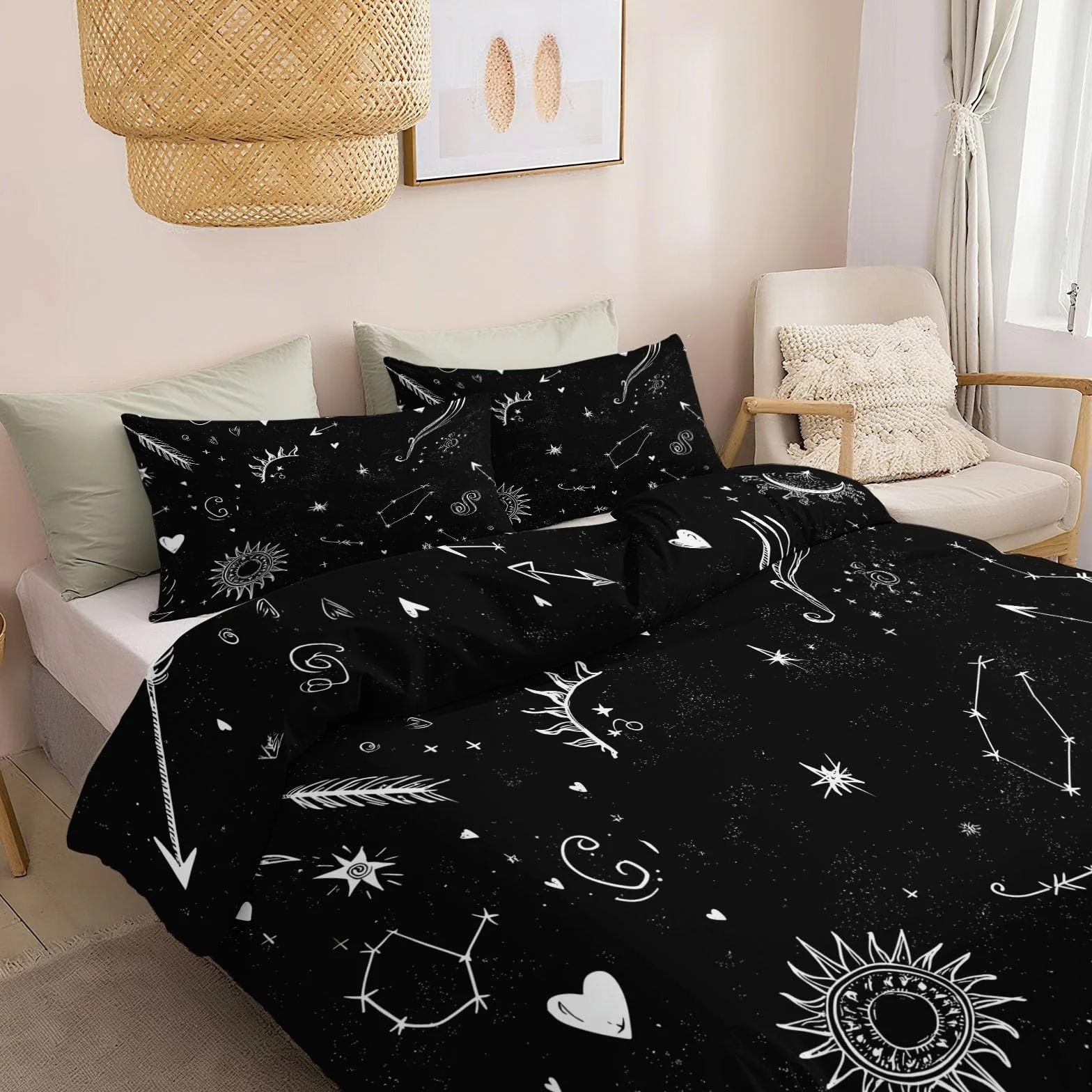 Czarna pościel 220 x 240 cm, poszewka na kołdrę z mikrofibry, z zamkiem błyskawicznym – motyw niebiański zodiaku, słońce, księżyc, oddychająca poszewka na kołdrę, zestaw 3-częściowy, dla niemowląt