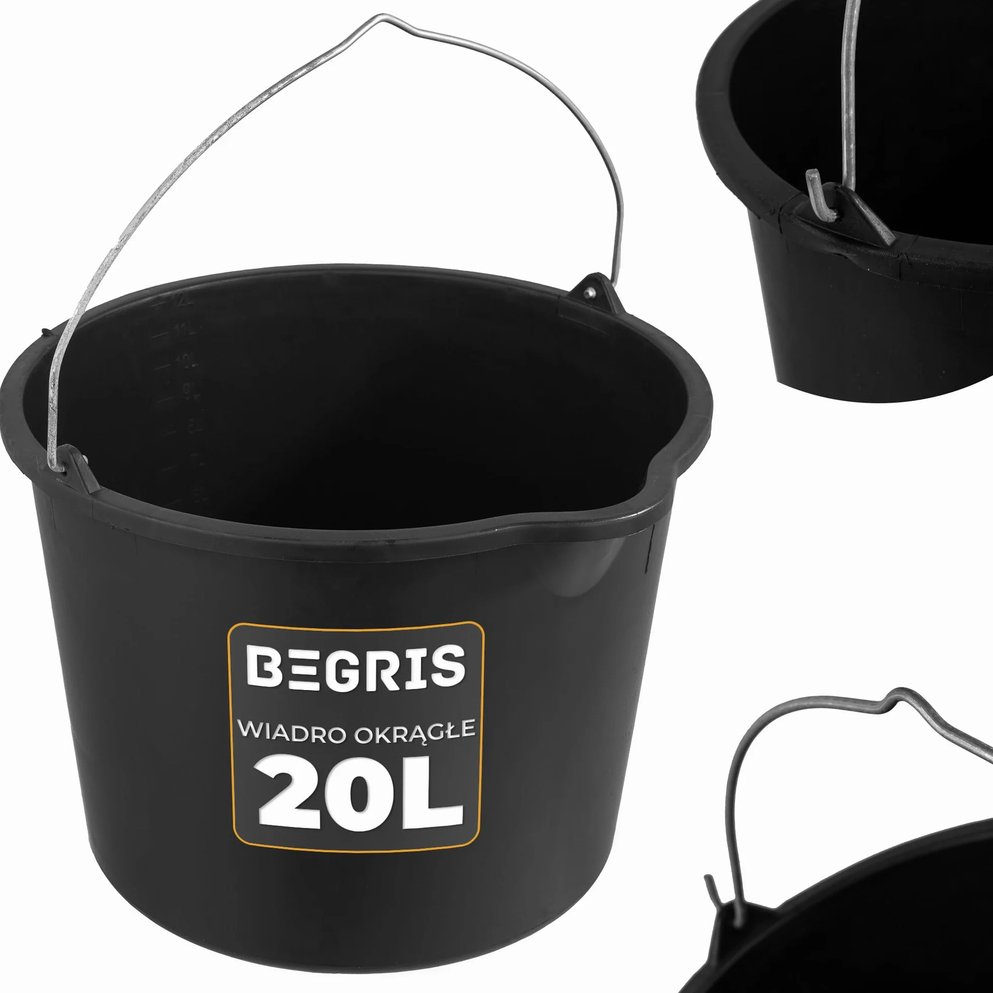 Wiadro Budowlane z Tworzywa Sztucznego 20L Okrągłe Wiadro Gospodarcze Mocne Plastikowe Wiaderko na Budowę, do Domu, Ogrodu z Lejkiem Pojemnik z Metalową Rączką Czarne