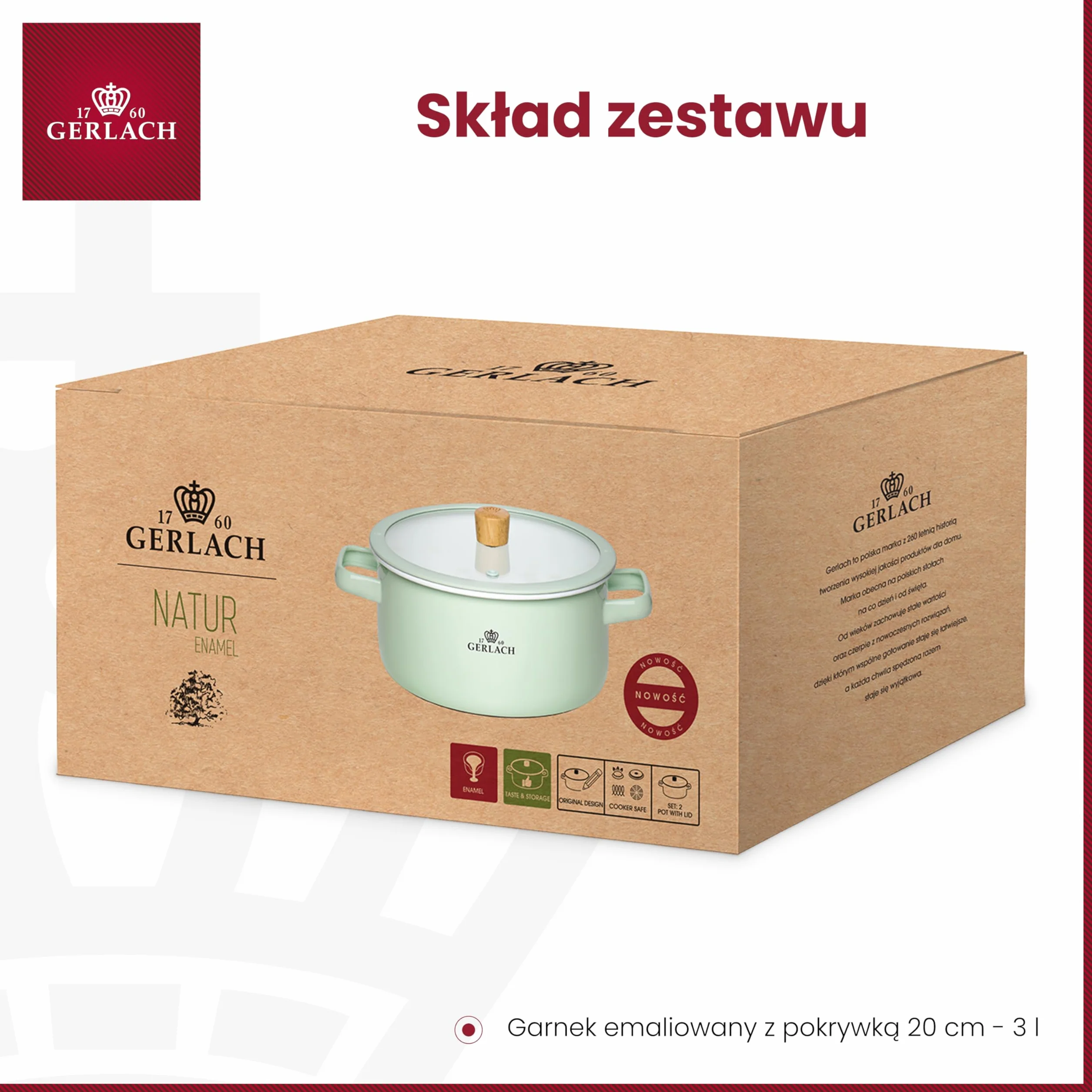 Gerlach 1760 Garnek Emaliowany - 20 cm 3 L - Pokrywka ze Szkła Hartowanego - Wszystkie Kuchenki - Zielony Pastel Natur Enamel