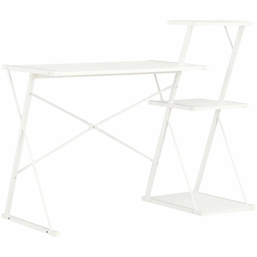 Białe biurko z regałem, 116 x 50 x 93 cm, biurko komputerowe i biurko z materiału drewnopochodnego ze stali, miejsce do przechowywania do domowego biura, gabinetu i komputera