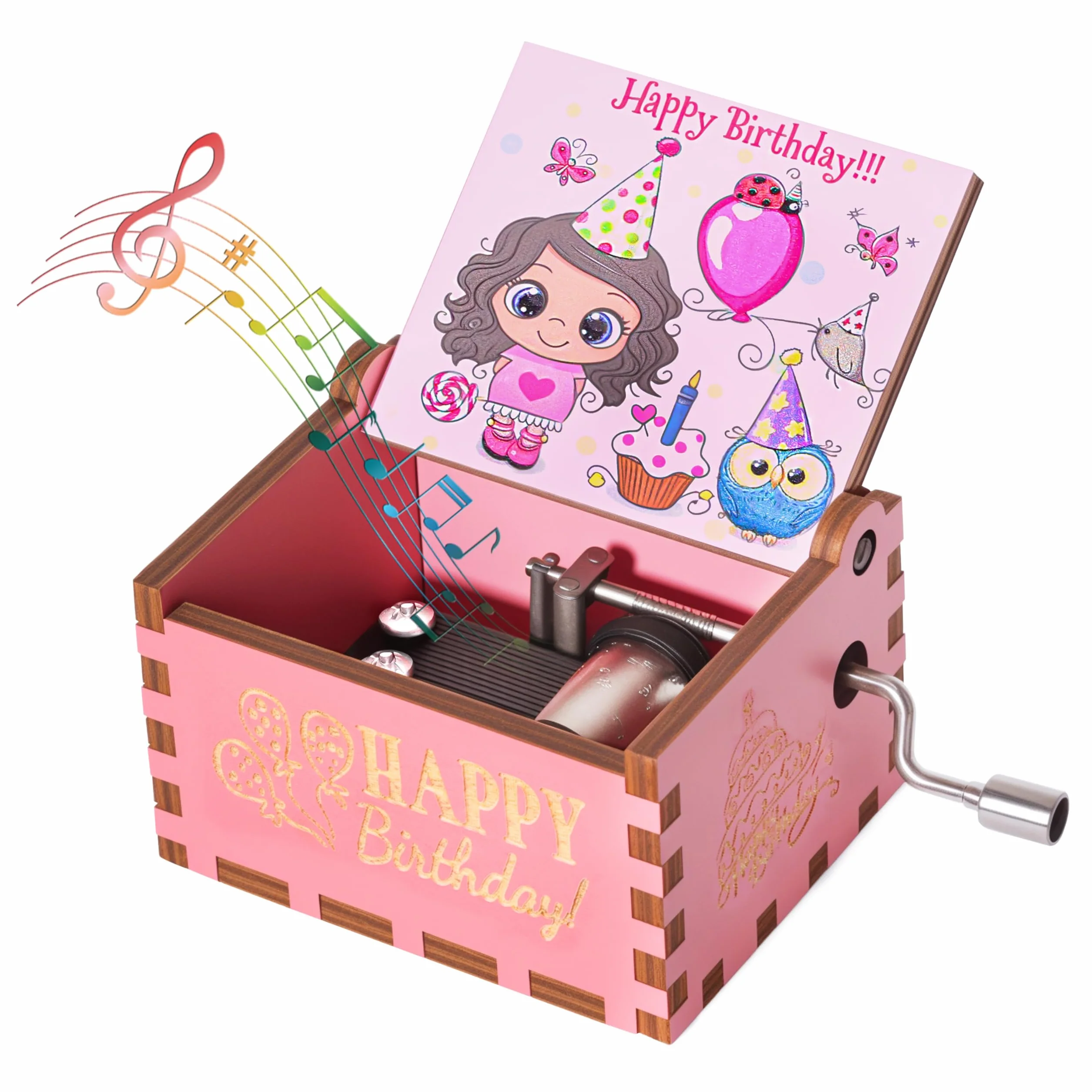 Różowa korba drewniana pozytywka z muzyką Happy Birthday Vintage Muzyczny prezent na urodziny rocznicę Boże Narodzenie dla dzieci przyjaciele