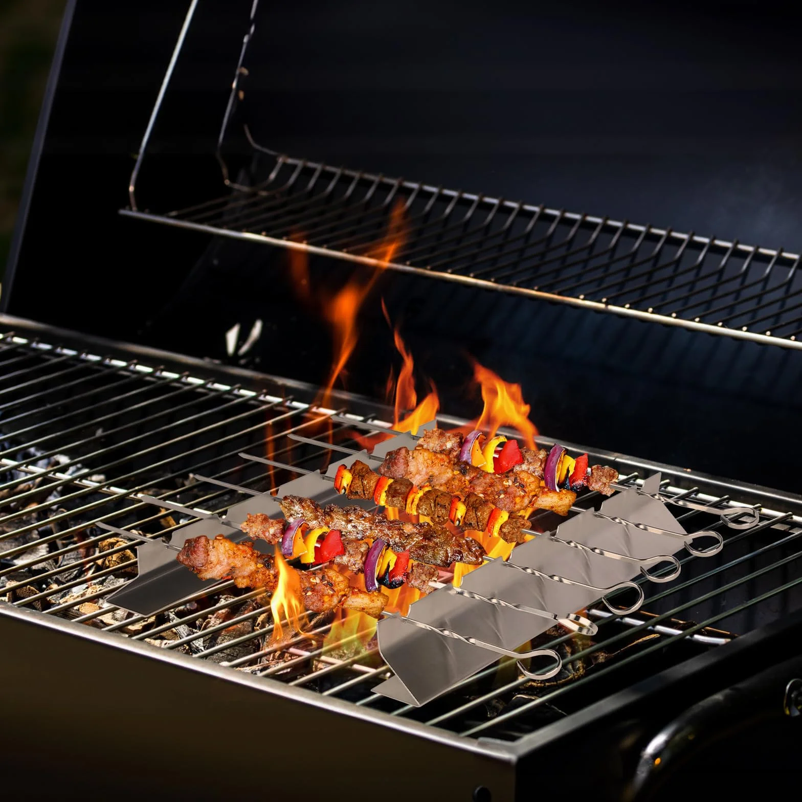 LALAGO 6 sztuk 39,5 cm Kabob szpikulec do grilla ze stojakiem, długie szpikulce do grilla ze stali nierdzewnej, rama grillowa ze szczotką i torbą do grilla na węgiel drzewny i elektrycznym