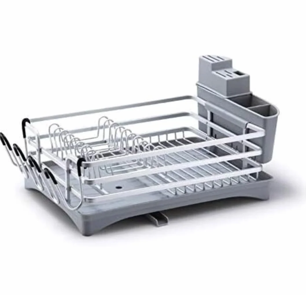 Ociekacz do Naczyń Suszarka do Naczyń Aluminiowa Suszarka Do Naczyń Kuchennych Zlewozmywak Ociekacz Stojak Do Przechowywania Półka Organizator Pojemnik Stojak do Ociekania Naczyń (Color : Grey)