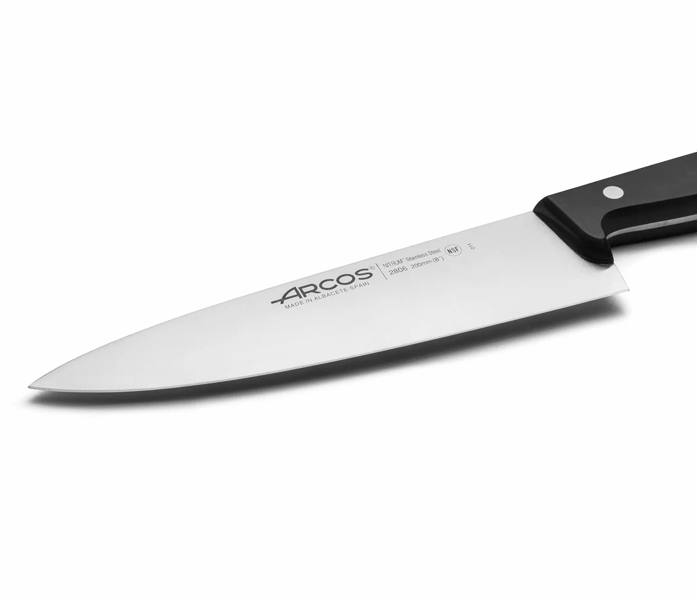 Arcos Seria Universal – nóż szefa kuchni – ostrze ze stali nierdzewnej nitrowej 200 mm – uchwyt ręczny polioksymetylen (POM) kolor czarny, 25 x 5 x 5 cm