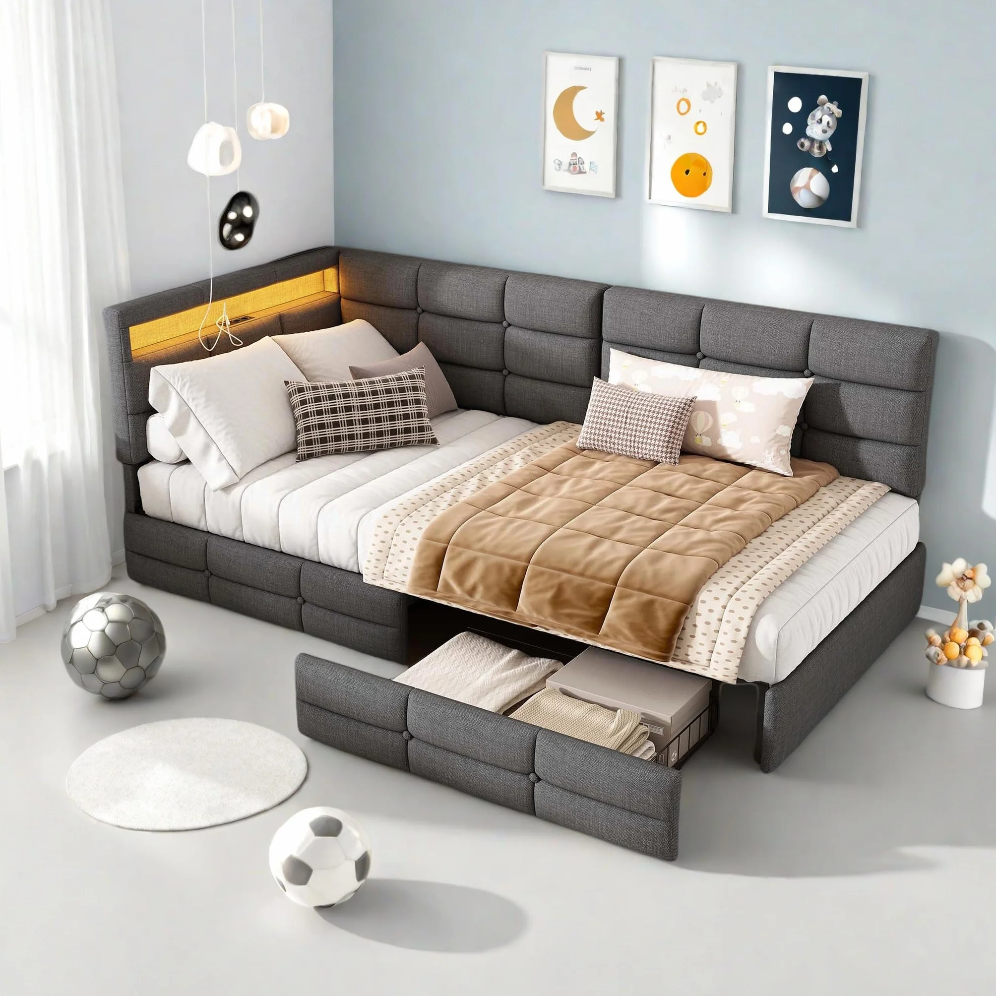 Łóżko dziecięce 90 x 200 cm z diodami LED i portem USB, 1-osobowa sofa 90 x 200 cm z 2 szufladami i stelażem, wyściełany zagłówek w kształcie litery L, dla nastolatków i dorosłych, lniane, szare