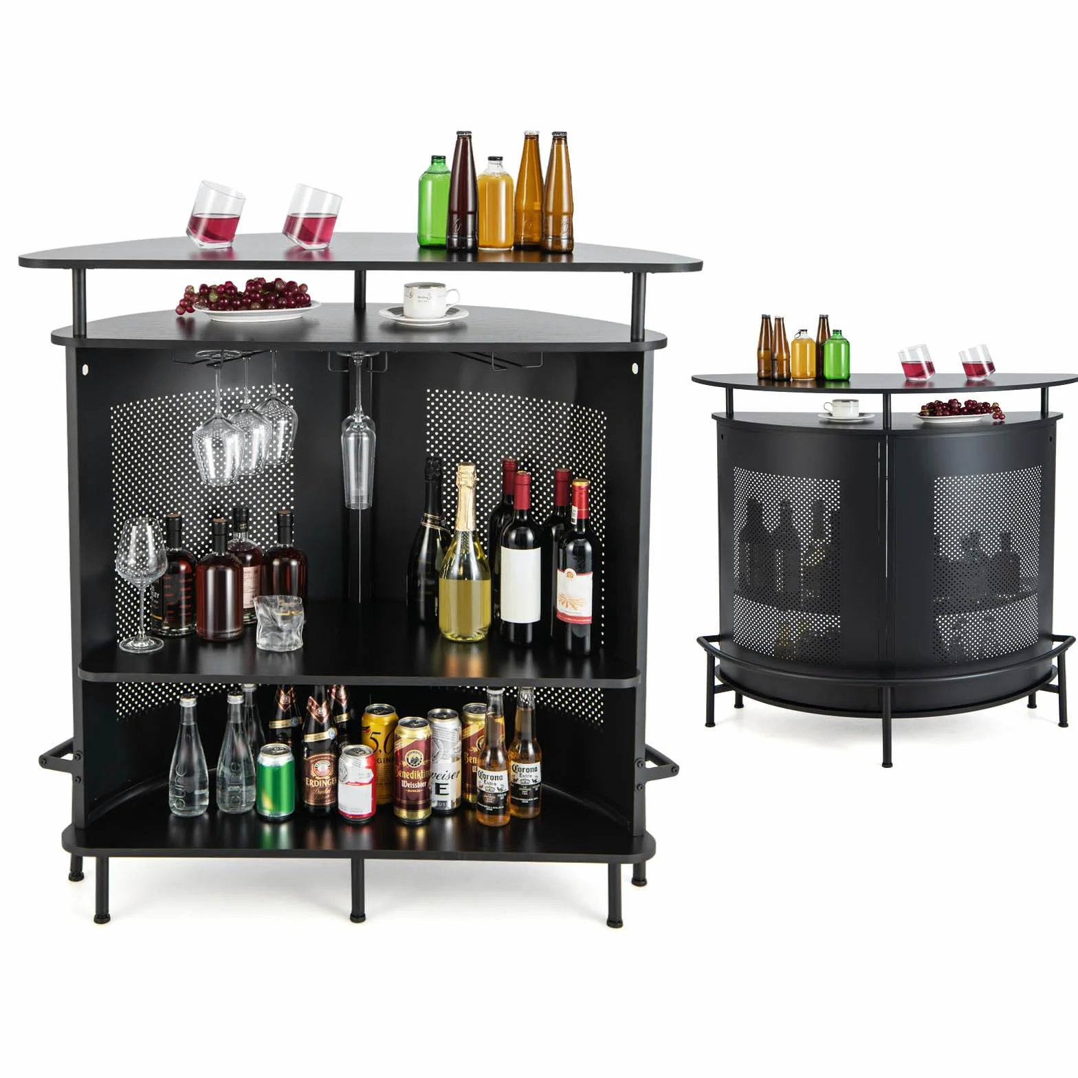 KOMFOTTEU Stolik barowy z otwartym regałem i uchwytami na napoje, stolik na wino, bar z 4 poziomami, blat kuchenny z podnóżkiem, 110,5 x 48 x 112,5 cm (półokrągły)