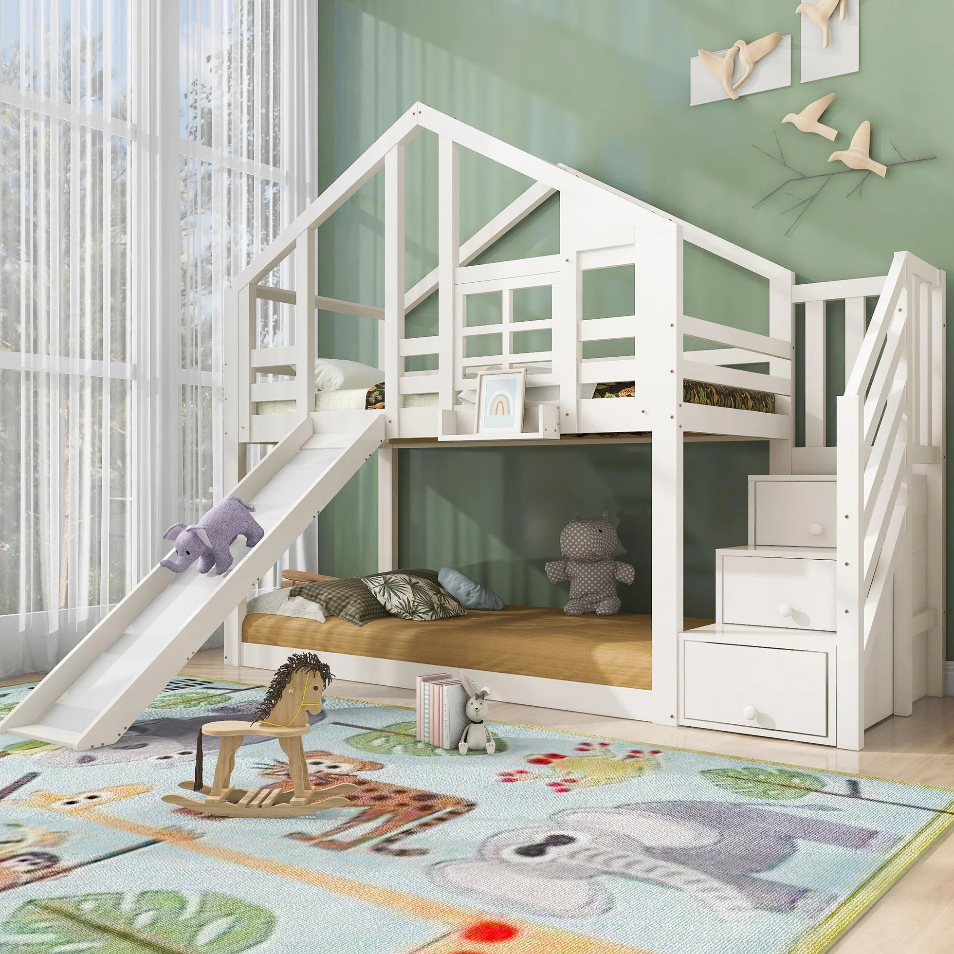 YESGIGA Łóżko dziecięce domek z zjeżdżalnią i drabinką 90 x 200 cm, łóżko piętrowe dla dzieci, łóżko dziecięce z barierką ochronną (z zjeżdżalnią i szufladą)