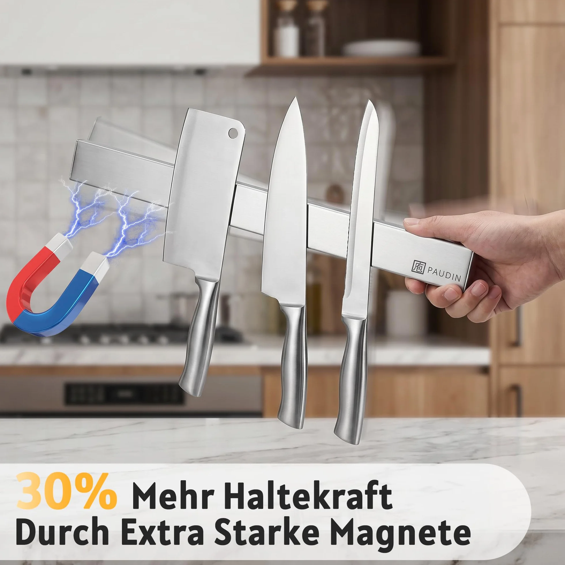 PAUDIN Listwa magnetyczna do noży 45 cm, listwa magnetyczna do noży kuchennych ze stali nierdzewnej z bardzo silnym magnesem jako uchwyt na noże ścienne, samoprzylepna do przyborów kuchennych