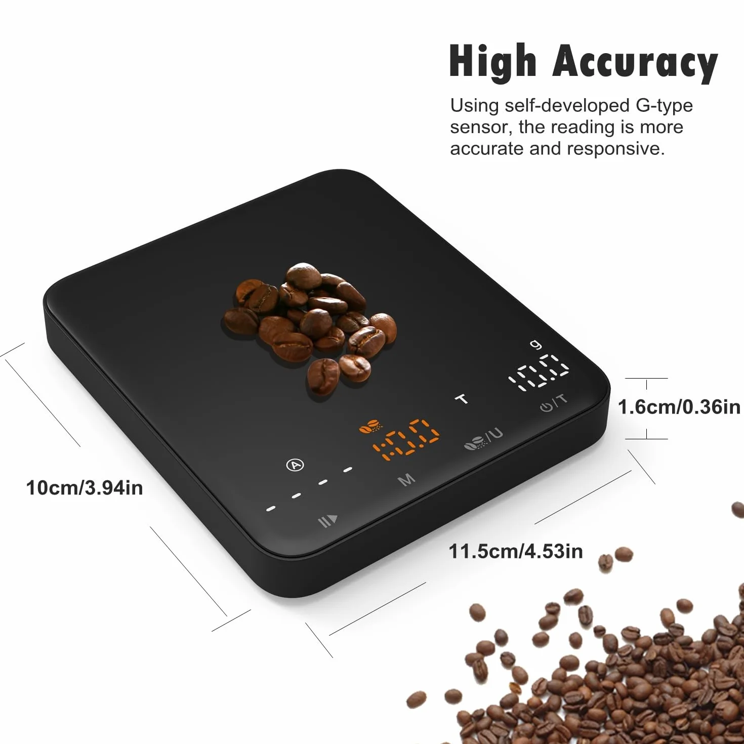 NUTRI FIT Mini waga do kawy z timerem, ładowalna waga kuchenna USB-C, przenośna waga do espresso z wyświetlaczem LED, rozmiar produktu 11,5 x 10 cm, 2 kg/0,1 g - czarna