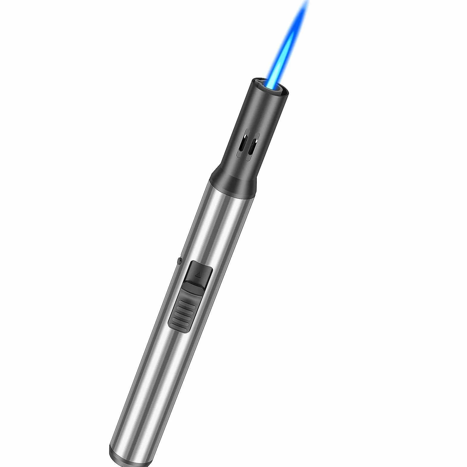 19 cm Wiatroszczelna długa zapalniczka gazowa do wielokrotnego ładowania, srebrna zapalniczka (sprzedawana bez gazu)