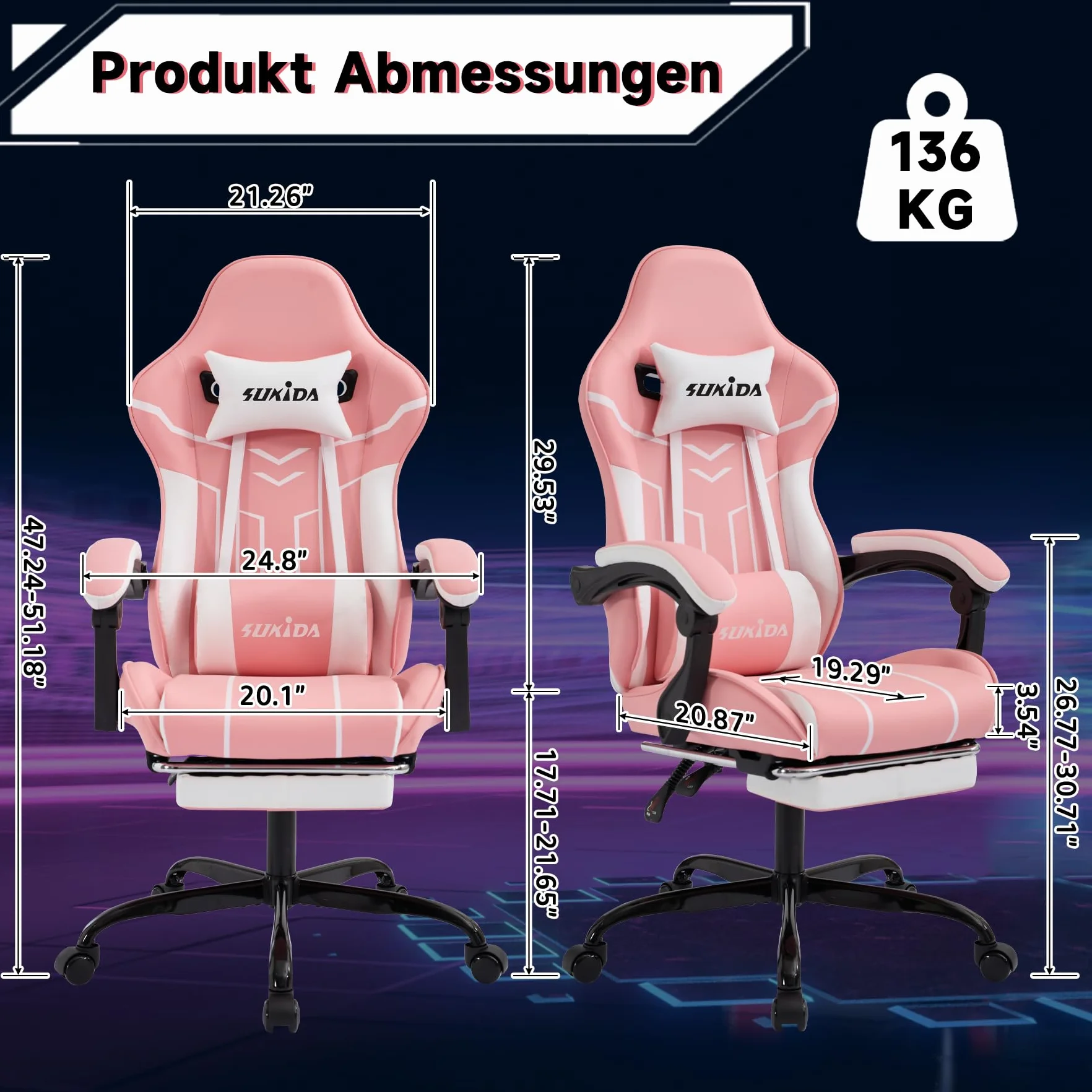 SUKIDA Ergonomiczny fotel do gier z podnóżkiem Różowo-biały