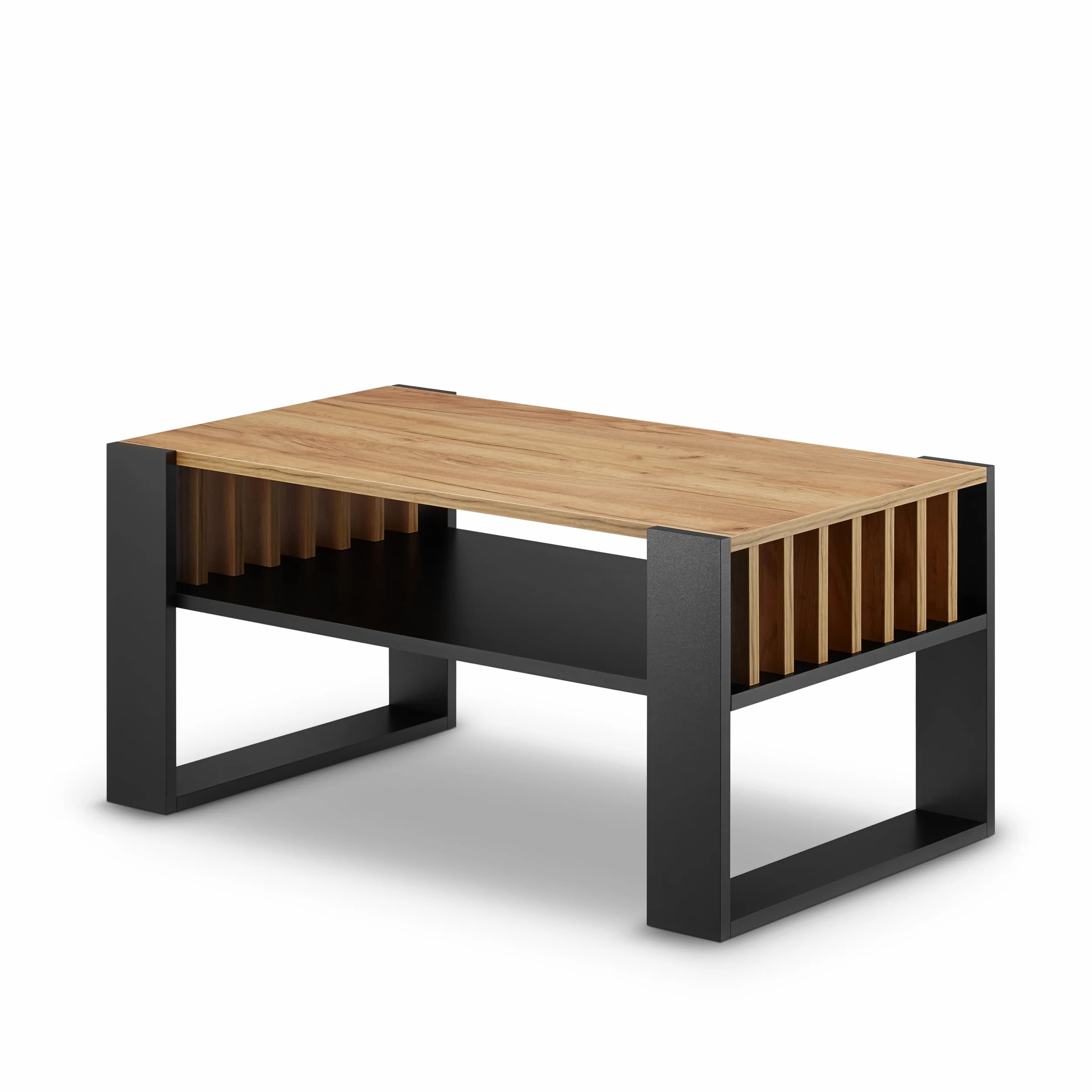 defiPad® Nowoczesny stolik kawowy z lammelami, szerokość 92 cm, duży stół do salonu, dąb | lity i stabilny | kolor czarny