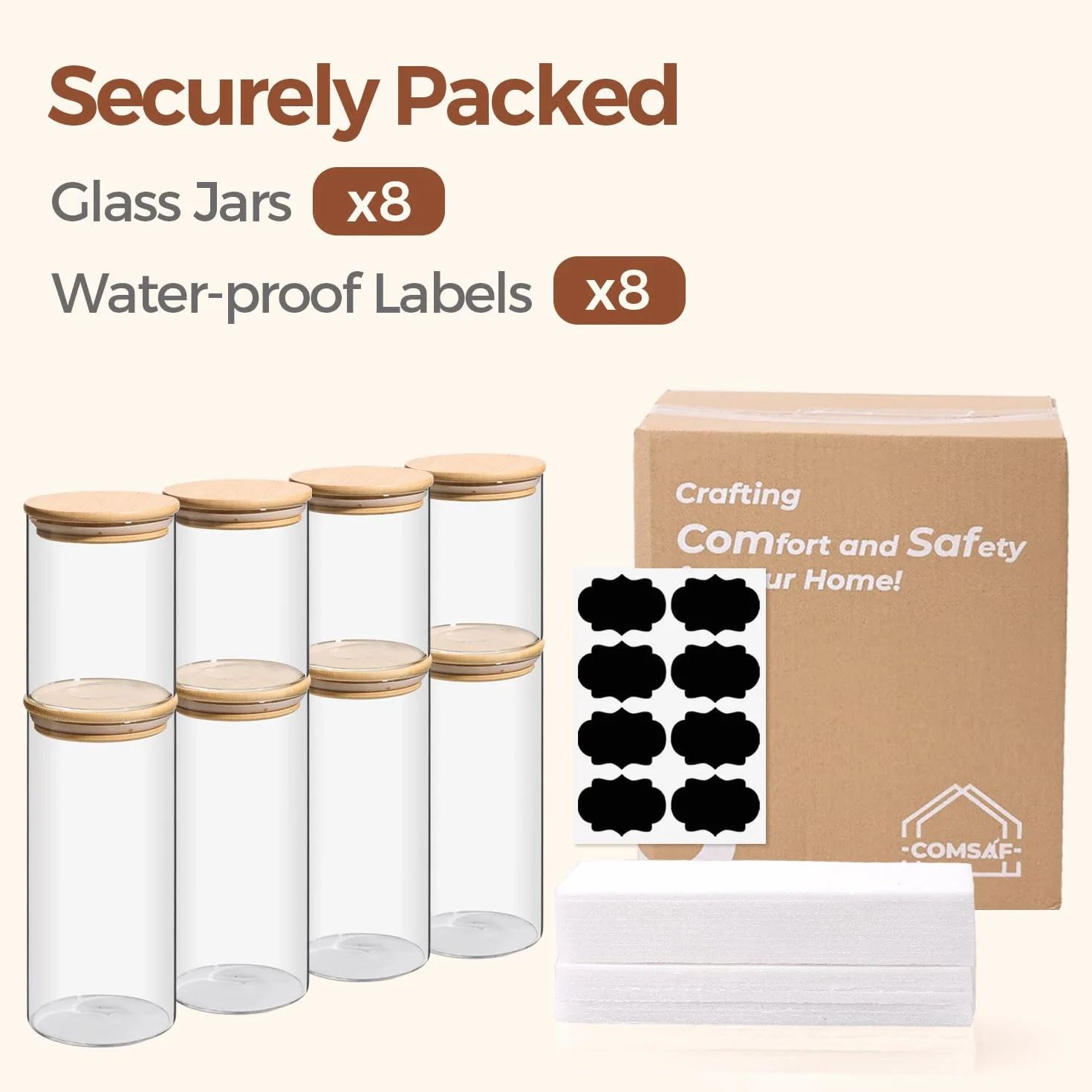 Comsaf Słoiki do Przechowywania, Szklane Słoiki z Bambusowymi Pokrywkami, 400-750 ml, Zestaw 8 Sztukik, Odpowiedni do Ściereczka Kuchenna, Mieszanka Orzechów, Mini Herbatniki
