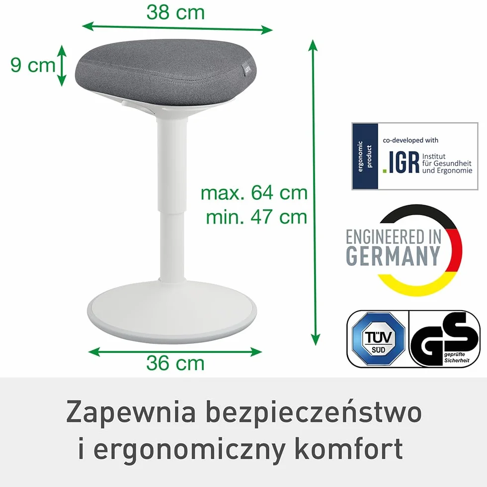 Stołek Leitz Ergo Active z Unikalną Komfortową Poduszką z Pianki o Podwójnej Gęstości, Regulowana Wysokość od 47 do 64cm, Siedzisko W 100% z Recyklingu, Udźwig 110kg, Seria Ergo, Jasnoszary, 65440085