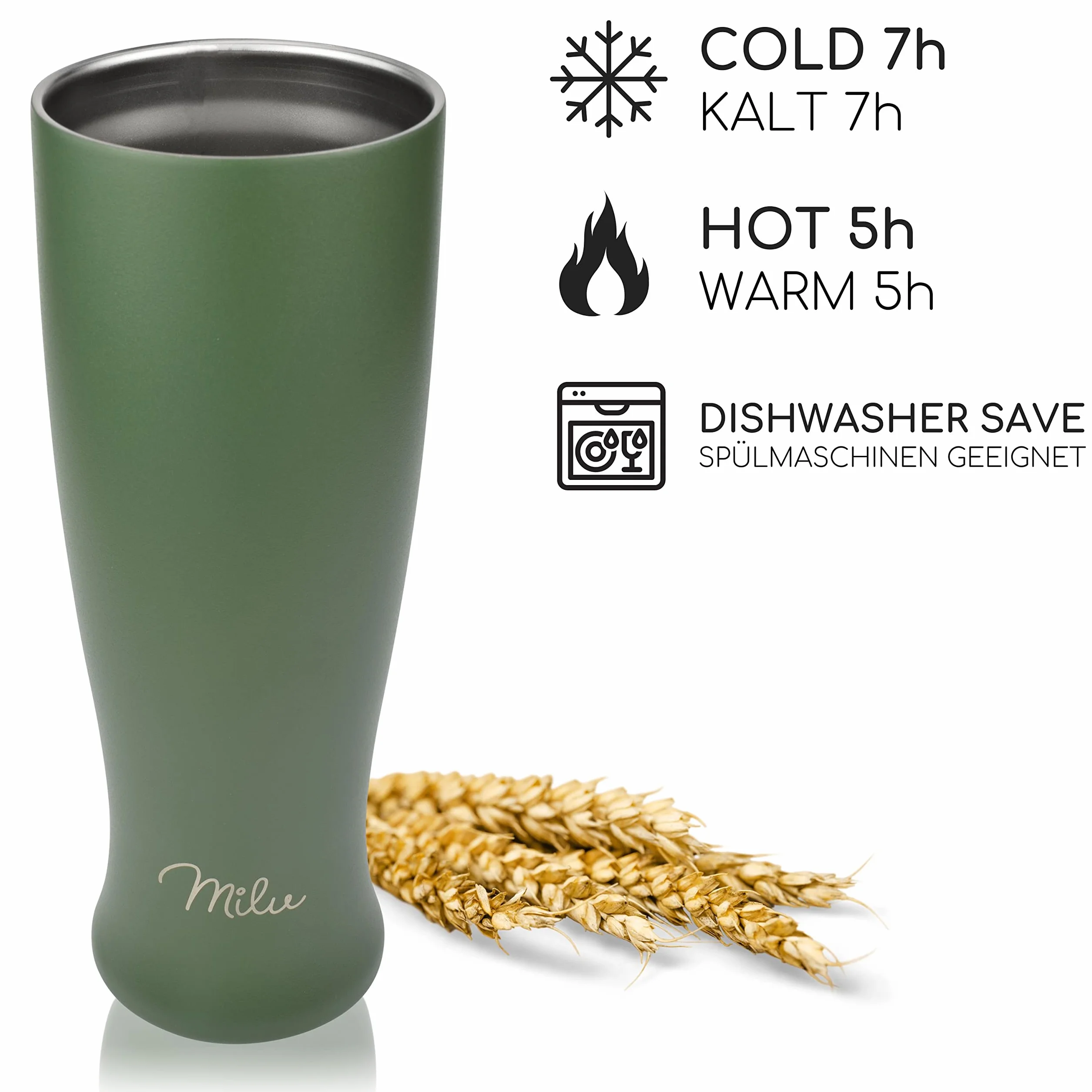 Milu Szklanka do piwa pszenicznego Stali Nierdzewnej | Kufel do piwa z pokrywką piwo zimne przez 7 godzin | Beer Pint izolowane termo kubek (500ml, Oliwkowo-zielony)