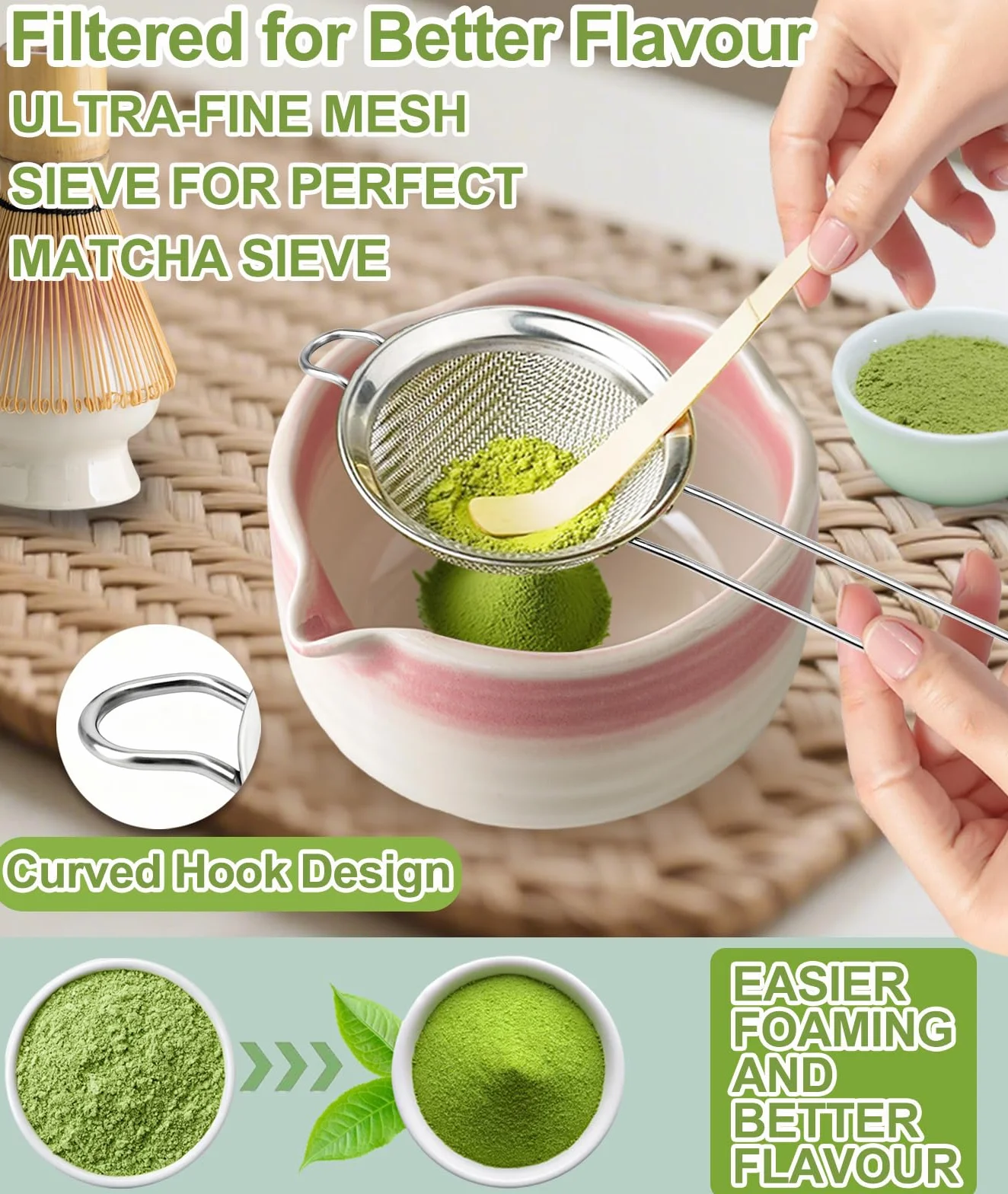 JBER Zestaw do matcha 7-Częściowy - Miotła Bambusowa do matchy, Ceramiczna miseczka z nalewką, Sitko do matchy - Kompletny zestaw do herbaty matcha, Różowy Gradient