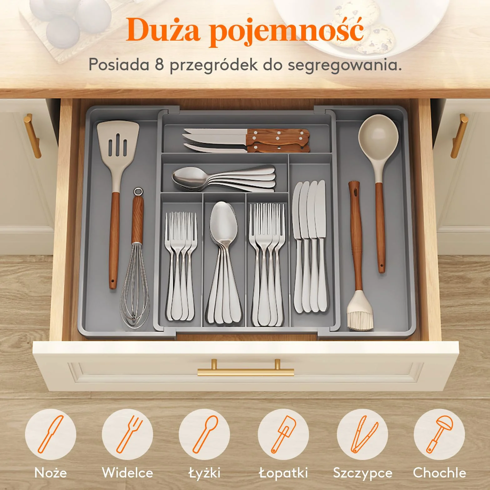 Lifewit Pojemnik na sztućce do szuflady, regulowany wkład, szerokość od 33 do 57 cm, głębokość 42,4 cm, uchwyt z tworzywa sztucznego