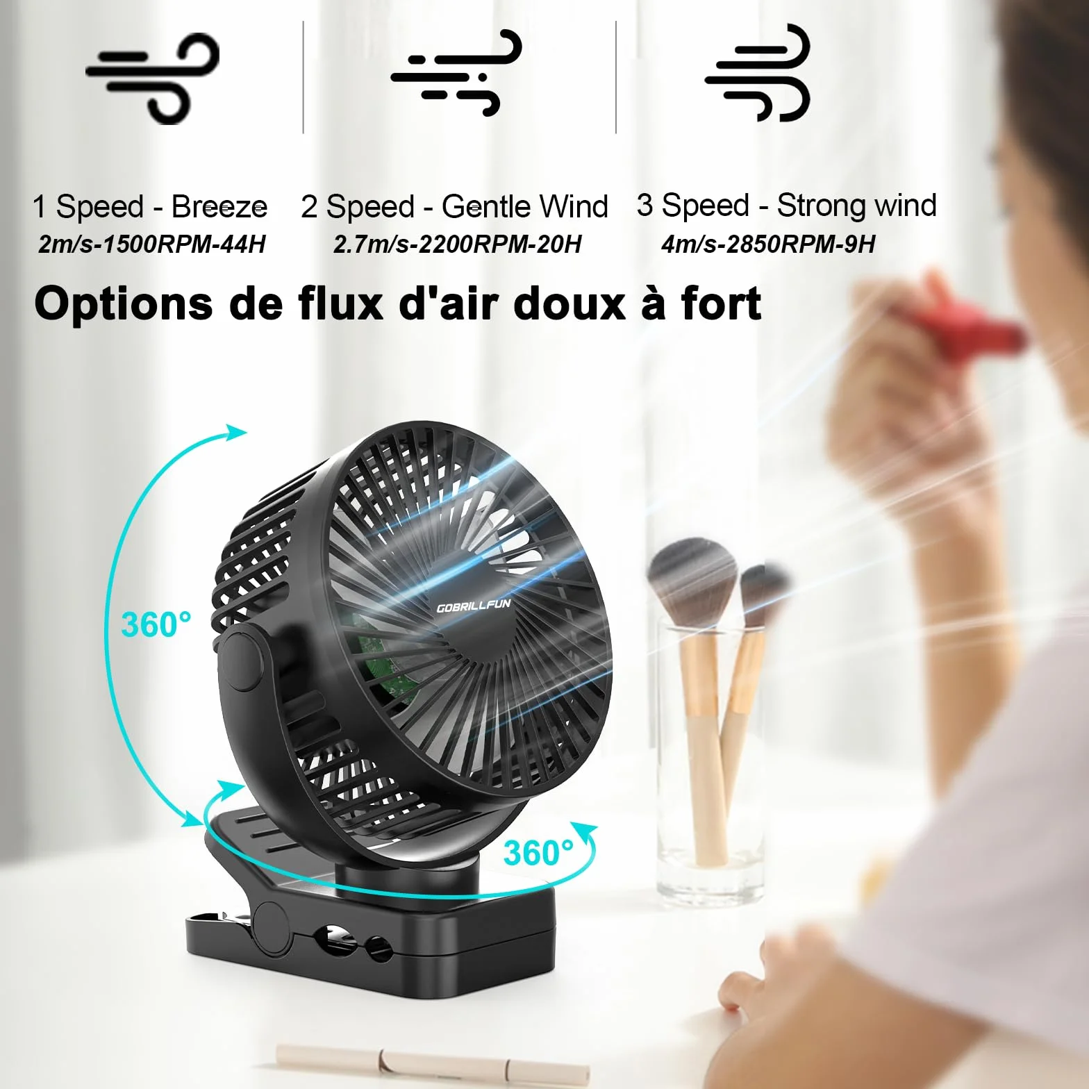 Wentylator z klipsem 15,2 cm (6"), akumulator 12000 mAh, z pilotem zdalnego sterowania, USB do ponownego ładowania ze światłami LED, 3 prędkości, wentylator na baterie z timerem (czarny)