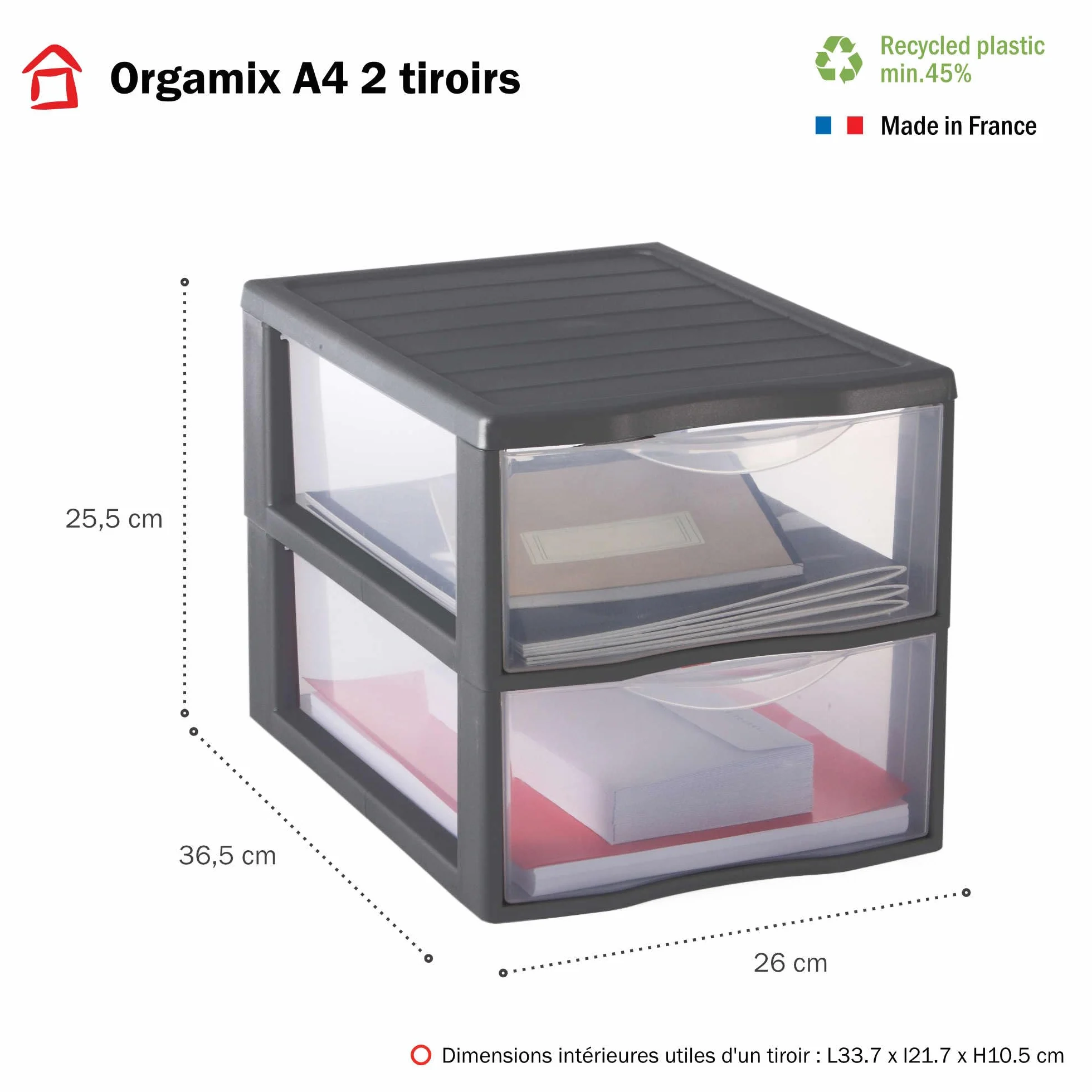 SUNDIS Orgamix, zestaw 2 plastikowych wież do przechowywania, kolor szary, 2 przezroczyste szuflady w formacie DIN A4, wysokość 25,5 cm, możliwość nakładania na siebie, idealne do przechowywania