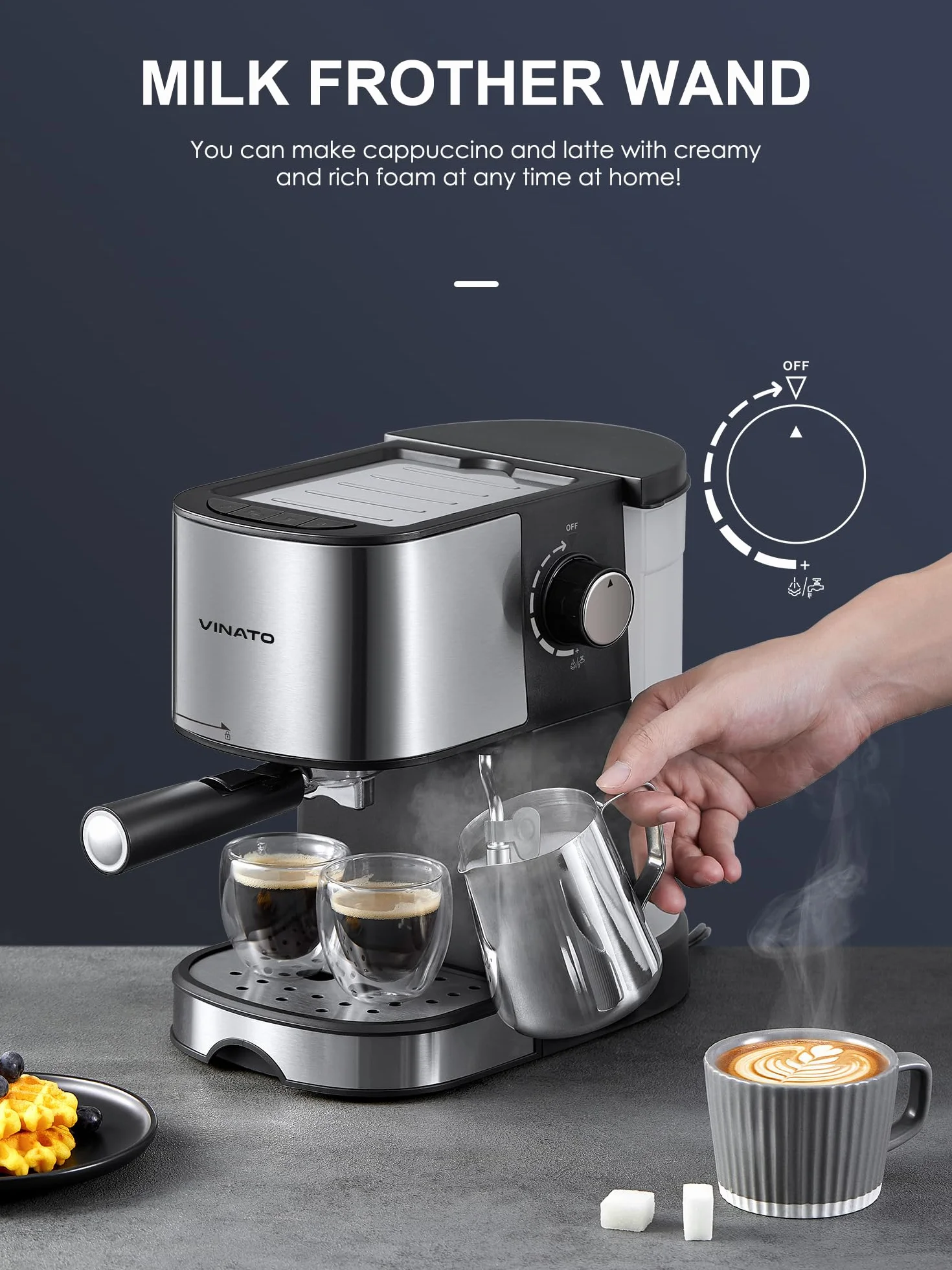 VINATO Ekspres do espresso, 15 bar, ekspres do espresso i cappuccino z funkcją szybkiego nagrzewania, ekspres do kawy z funkcją spieniania mleka i prętem parowym, podwójny uchwyt filtra wylotowego i 2