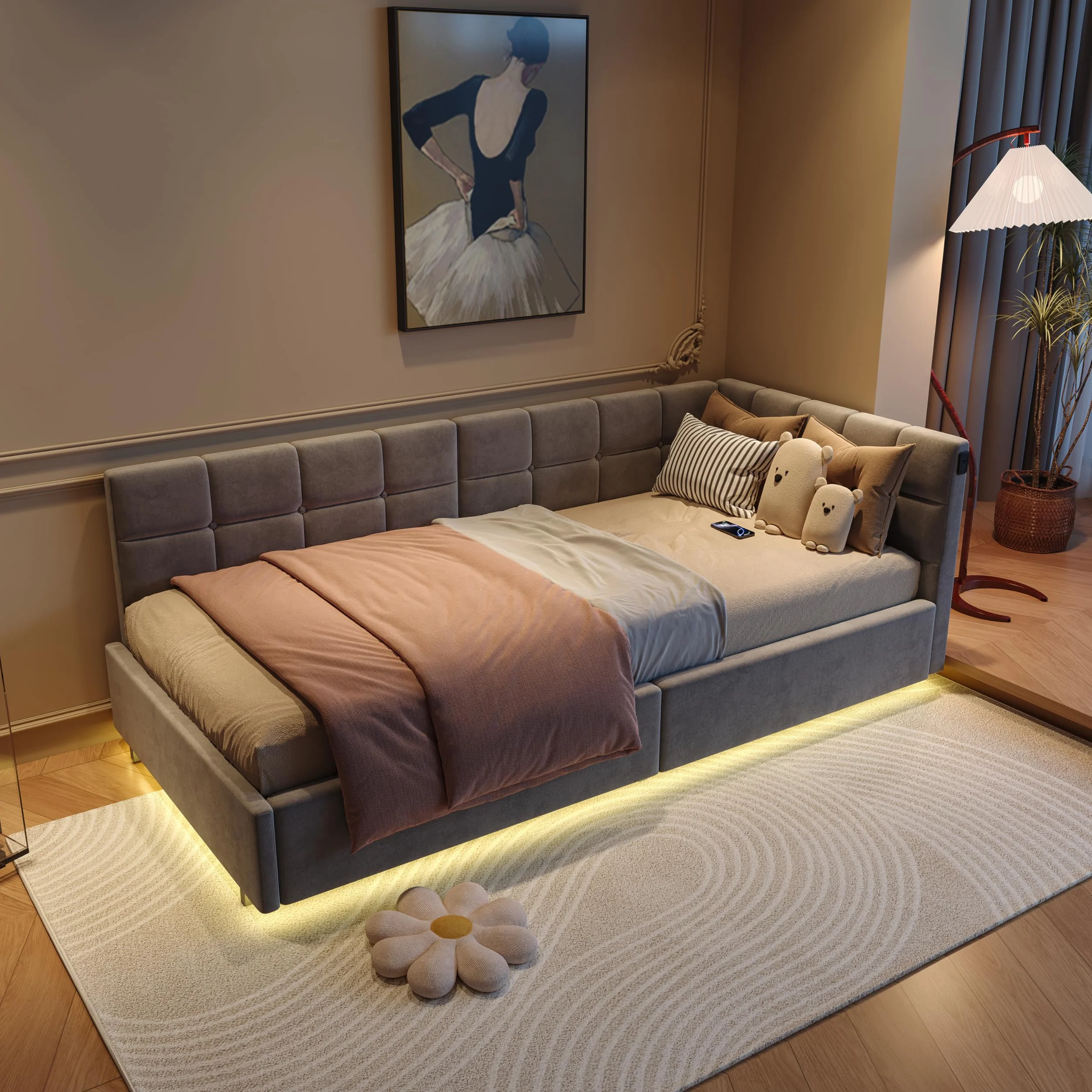 Łóżko tapicerowane, sofa z funkcją spania, 90 x 200 cm, z diodami LED i USB, łóżko młodzieżowe, wielofunkcyjne z hydrauliczną przestrzenią do przechowywania i skrzynią na pościel, sofa z funkcją