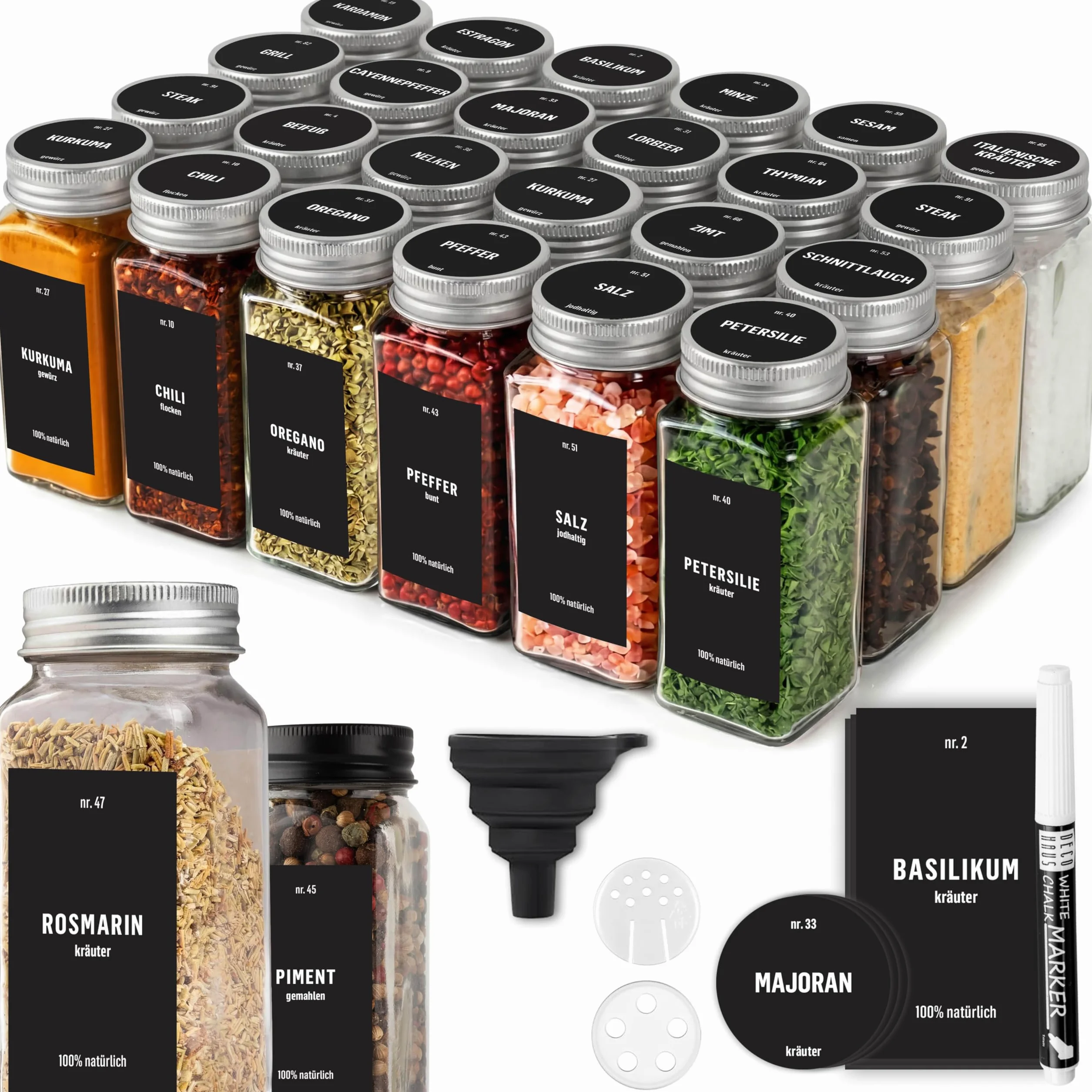 Deco haus® Słoiczki na Przyprawy z Nakrętką - Zestaw 24 sztuk - Różne Nasadki do Wytrząsarek, Lejek, Pędzelek, Etykiety i Kreda - Idealne do Naszych 4 Stojaków na Przyprawy - 120 ml, 10,5 x 4,3 cm