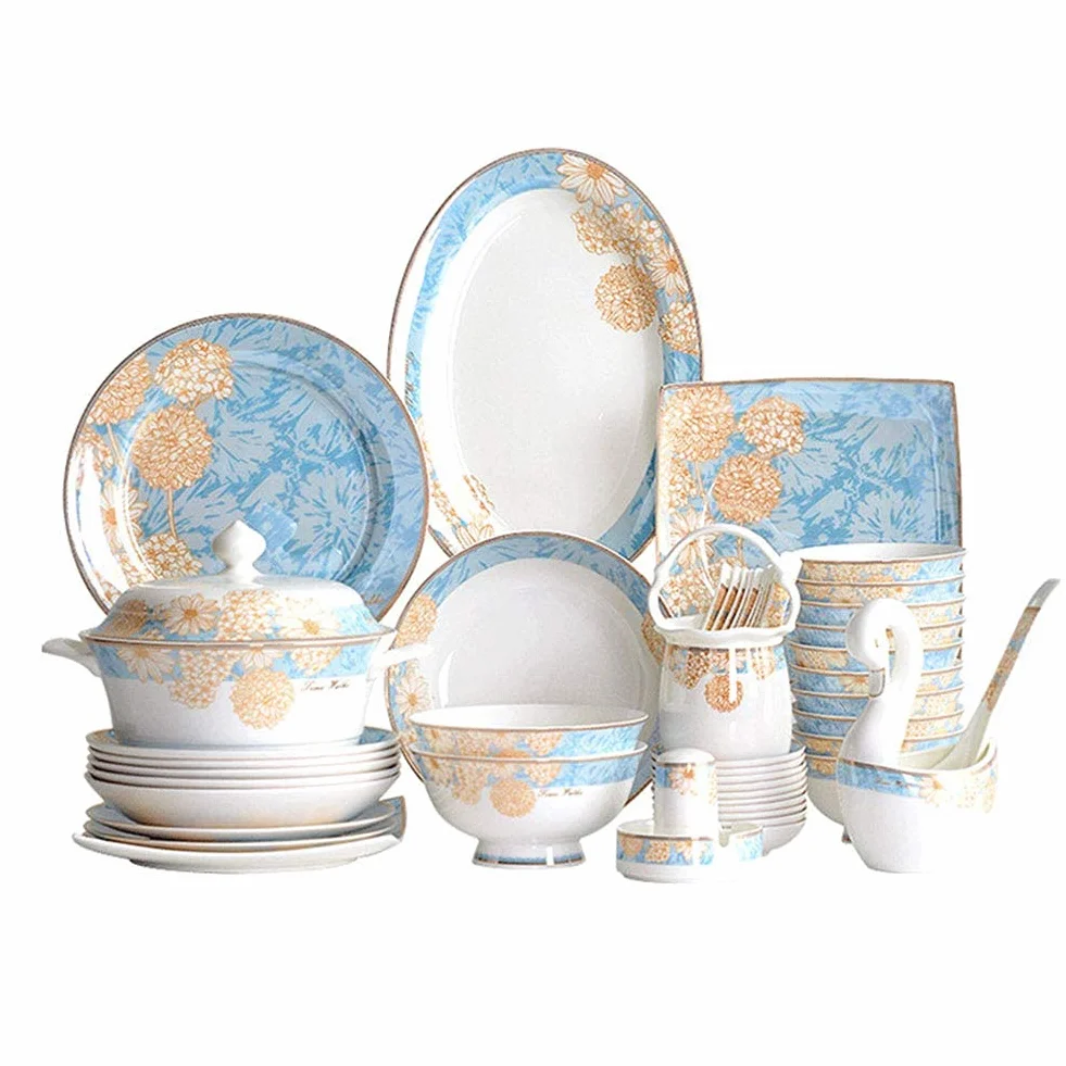 Luksusowy zestaw obiadowy z porcelany, 60 sztuk, ręcznie robione zestawy obiadowe z chińskiej ceramiki pałacowej | Talerze/miski – zestaw kombinacji zastawy stołowej