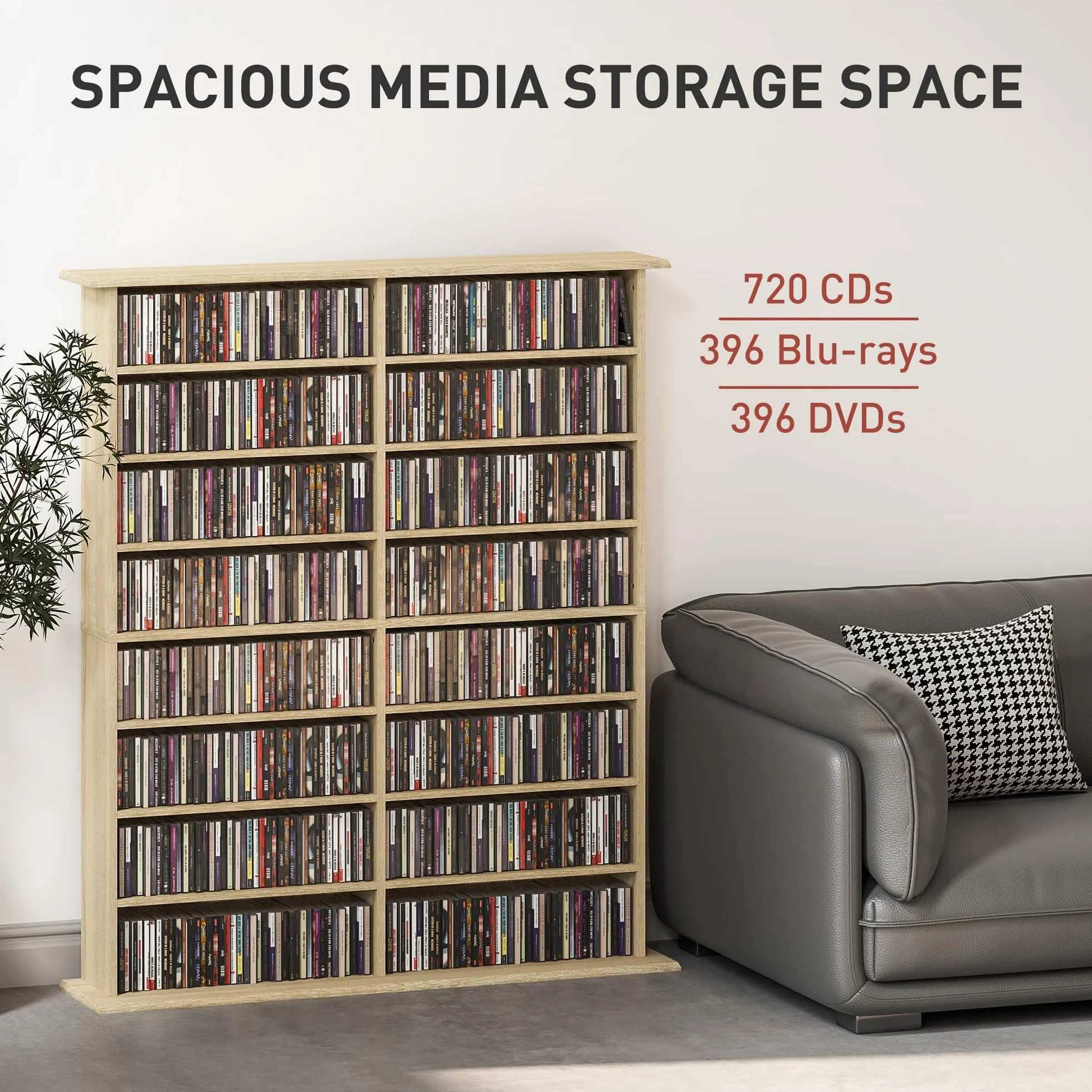 HOMCOM 720 CD/396 DVD, regał do przechowywania multimediów Blu-ray 396 z 16 przegródkami i 12 regulowanymi półkami, wieża CD do salonu, sypialni, biura, wykończenie z naturalnego drewna