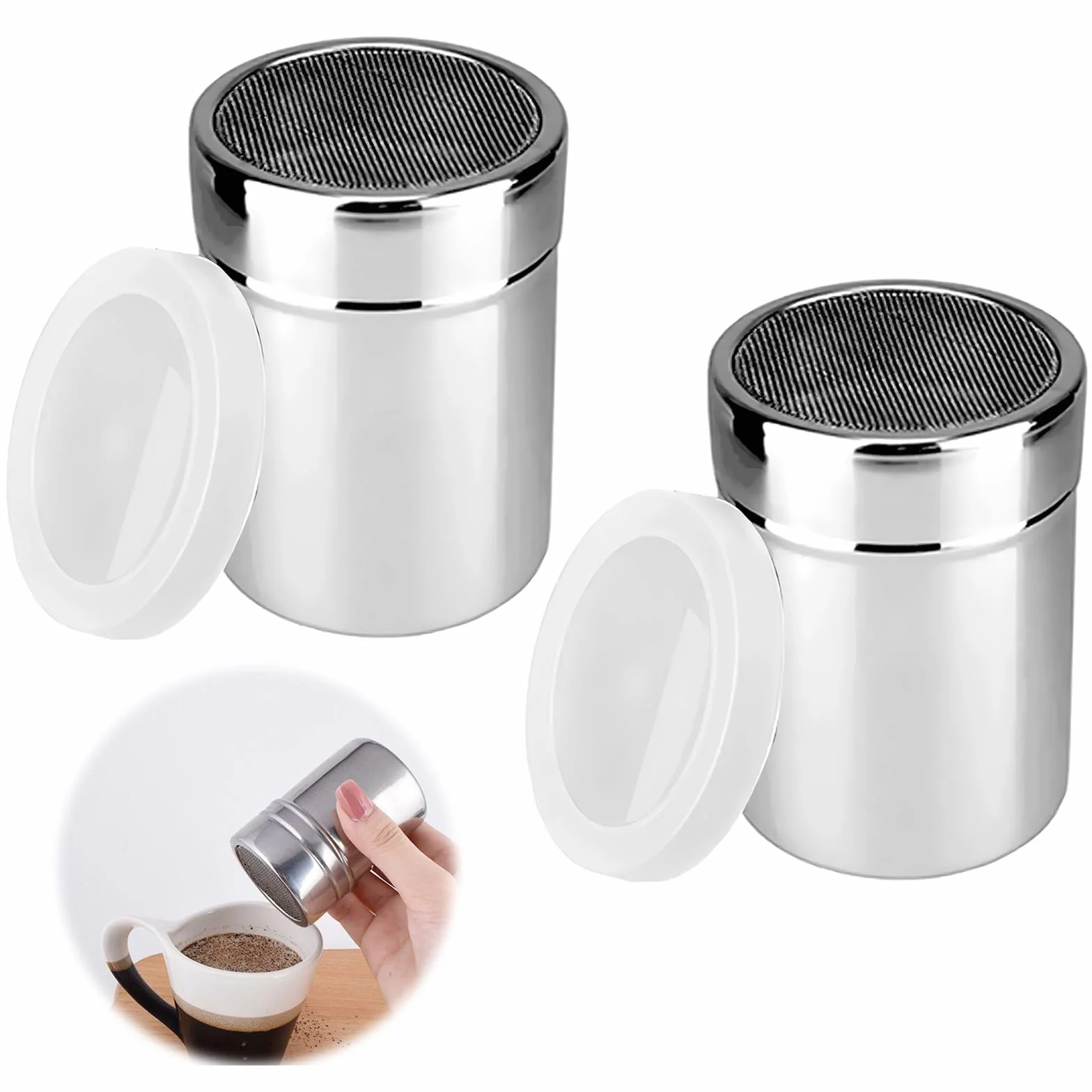TNSLAND 2 sztuki cukierniczek puder z pokrywką, młynek do cukru pudru, kakao do cappuccino, kakao, cappuccino, solniczka do czekolady, kawy, przypraw, 2 sztuki