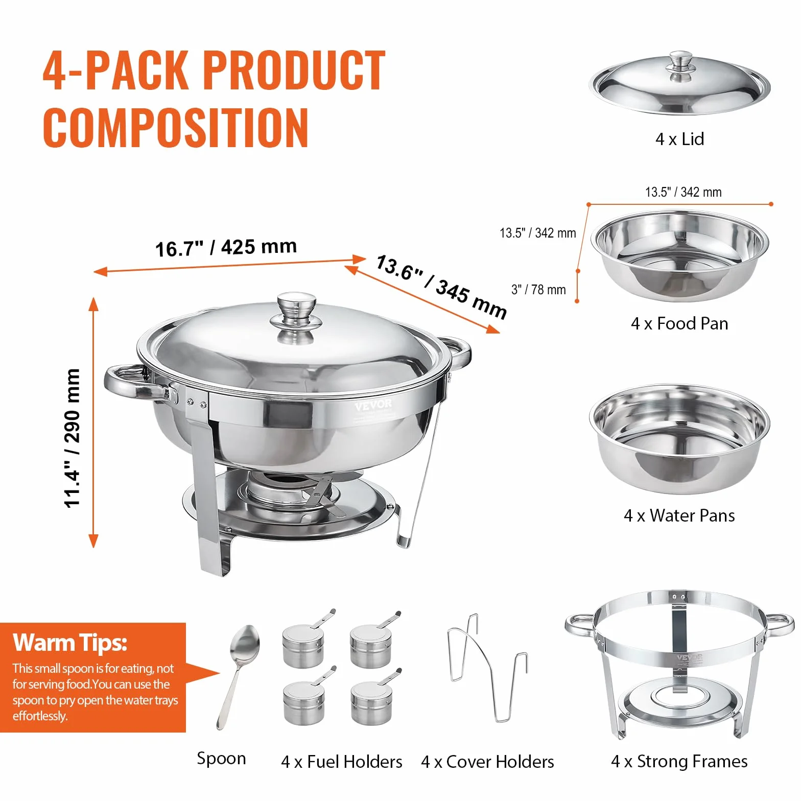 VEVOR podgrzewacz płaski zestaw 4 pojemników 5,38 l podgrzewany bufet na paliwo ze stali nierdzewnej okrągły pojemnik utrzymuje ciepło do serwowania bufetu samoobsługowego hotelu cateringowego