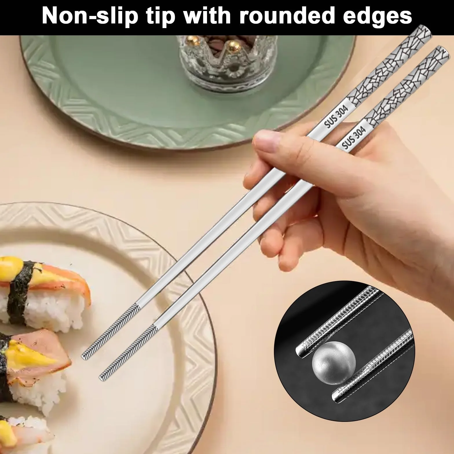 5 Sztuk Pałeczek ze Stali Nierdzewnej, 23,5 cm – Metalowy Zestaw do Sushi, Chińskie, Japońskie, Wielorazowe Pałeczki do Mycia w Zmywarce, Prezent na Święta/Urodziny