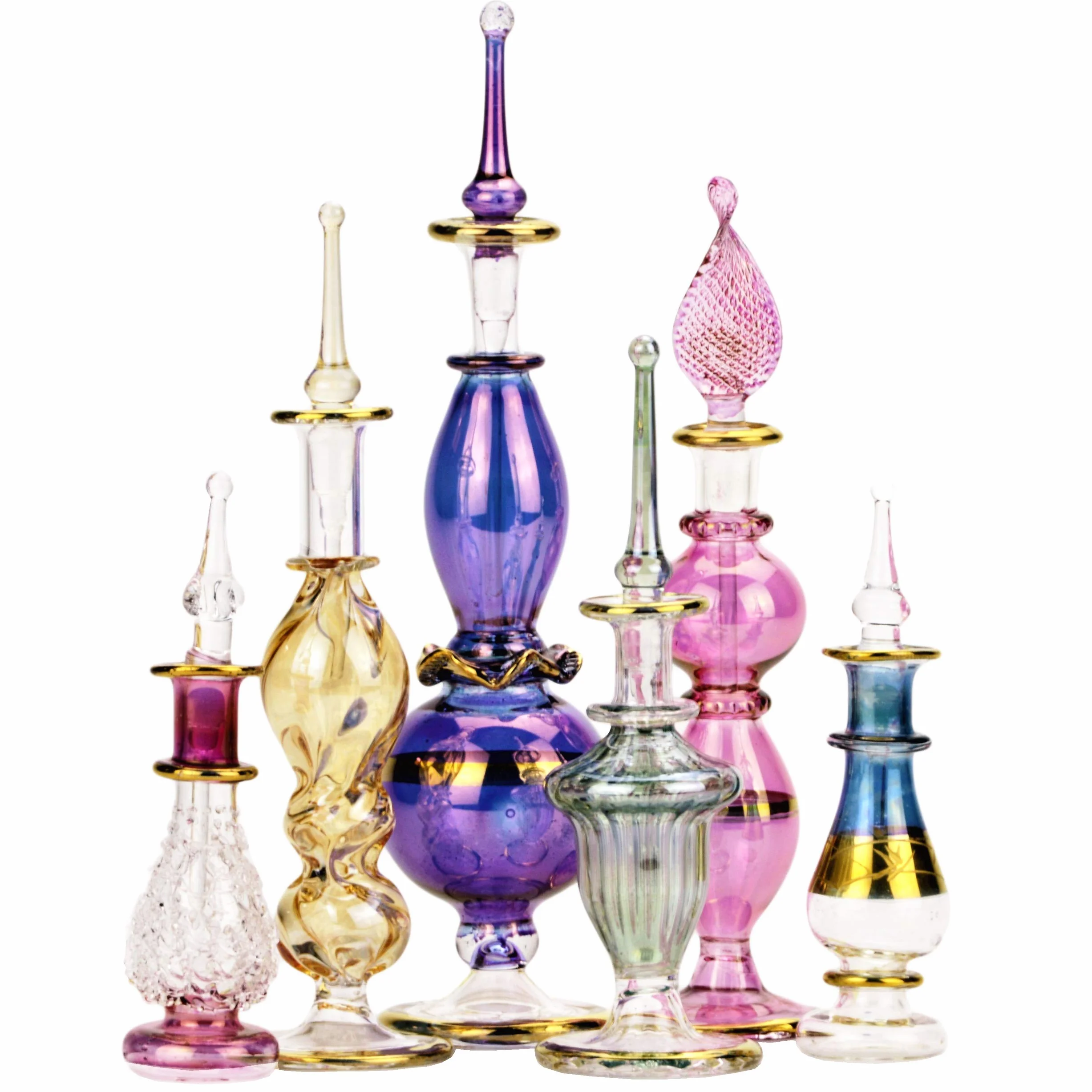 NileCart Egipskie butelki na perfumy, 5-12,5 cm, zestaw 6 dmuchanych ustami, dekoracyjne szkło z ręcznie wykonanymi złotymi egipskimi dekoracjami do perfum i olejków eterycznych