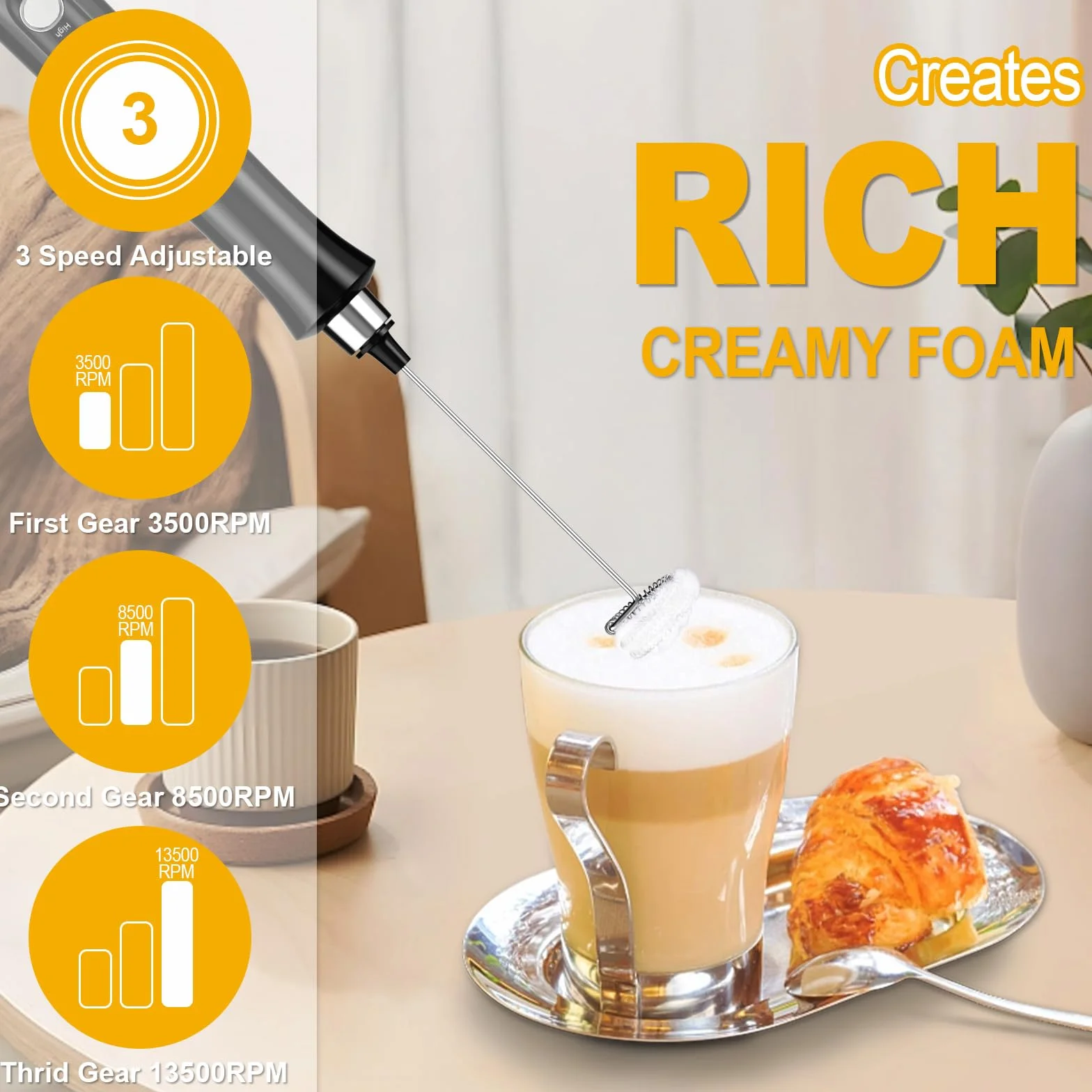 FITNATE ręczny spieniacz do mleka, z możliwością ponownego ładowania, mikser do napojów, 3 prędkości, spieniacz do kawy, gorącej czekolady, cappuccino, w zestawie z filiżanką do spieniacza