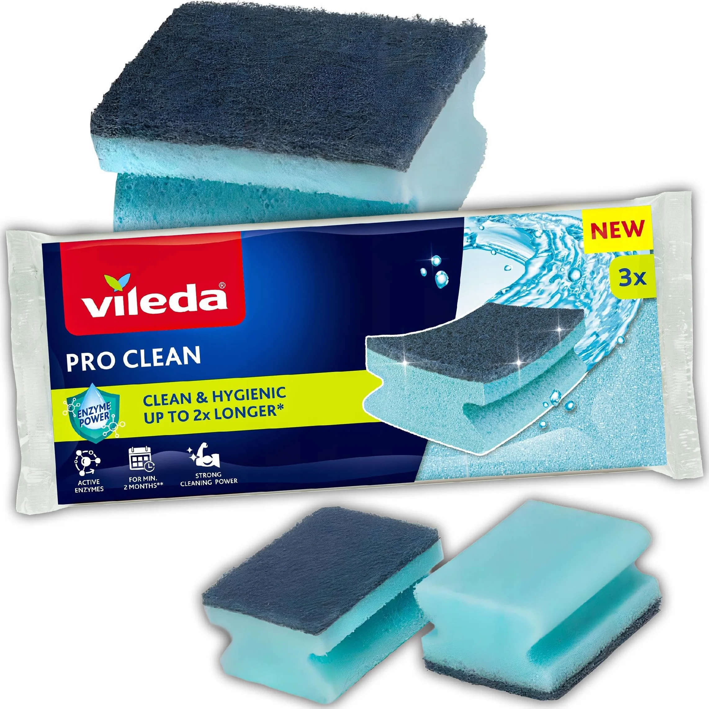 Vileda Pro Clean Zmywak z enzymami gąbka do czyszczenia, zmywania i sprzątanaia 3 szt.