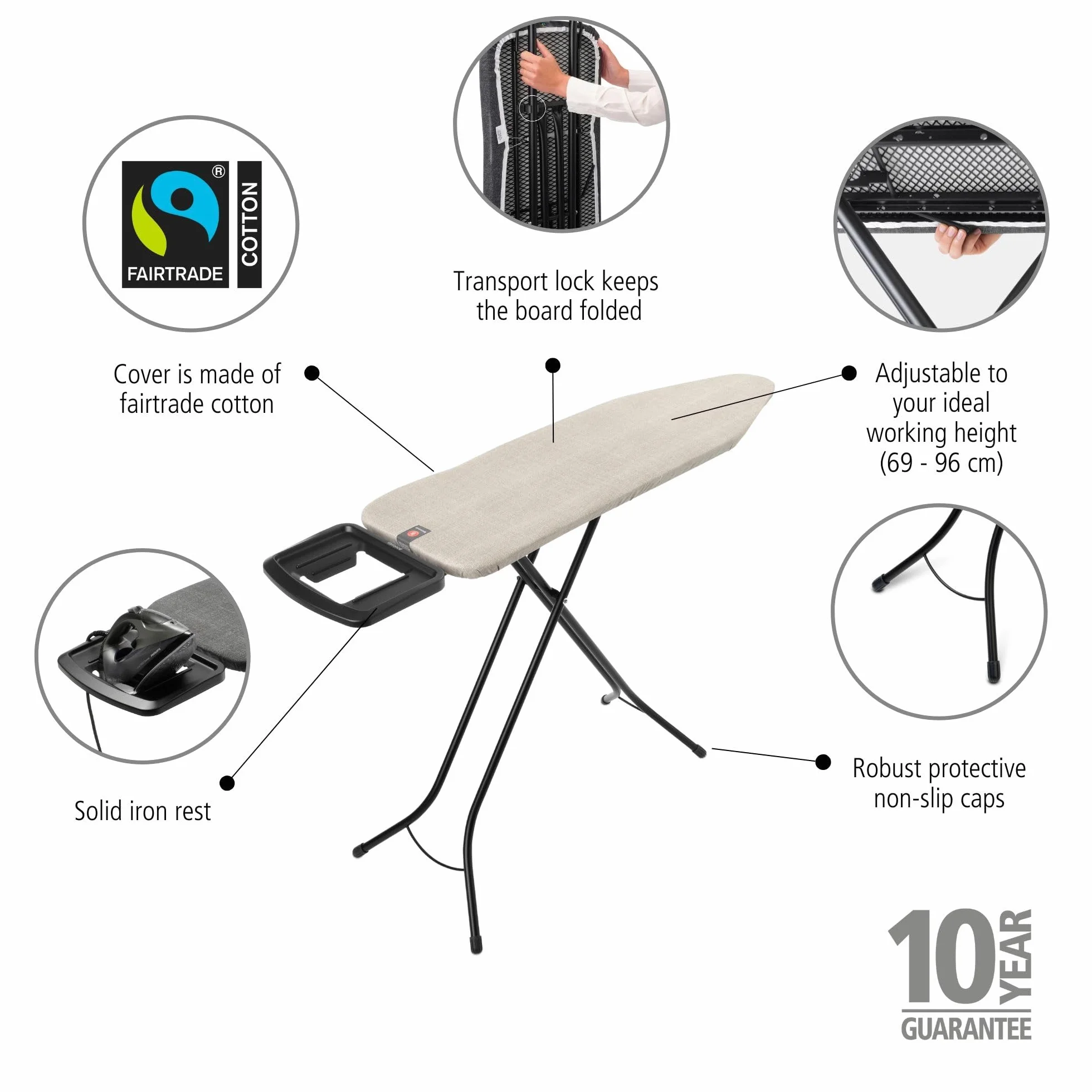 Brabantia Ironing Board B, 124x38cm - Denim Grey | 100% Fairtrade Cotton | 8mm Foam Layer | Stable & Anti-Wobble Frame | Foldable with Adjustable Height & Solid Steam Iron Rest