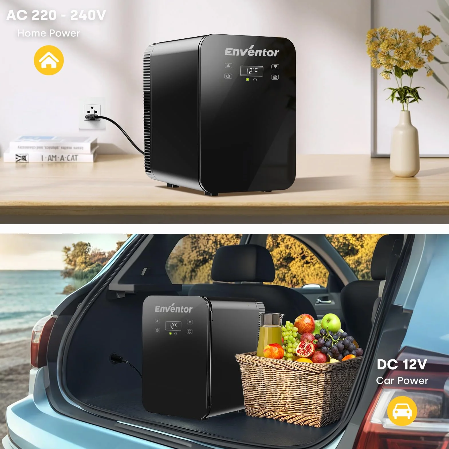 Enventor Przenośna mała lodówka 10 l (czarna), mini lodówka z funkcją chłodzenia i ciepła, 12 V/220 V, wyświetlacz LCD, mini lodówka do pokoju, samochodu i domu