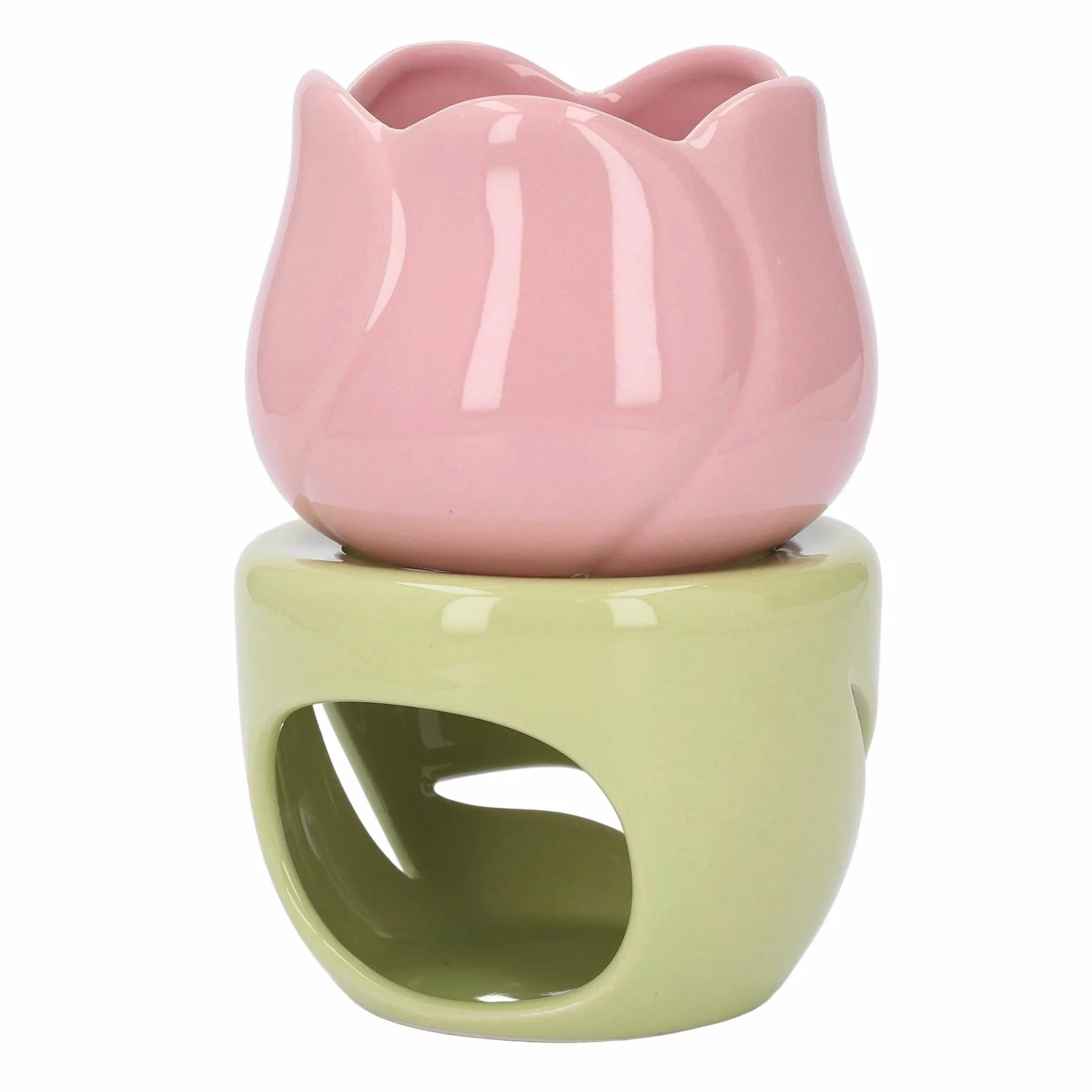 Ceramiczny Palnik do Aromaterapii Kominek na Olejki Eteryczne Różowy Kwiat Zielony Stojak