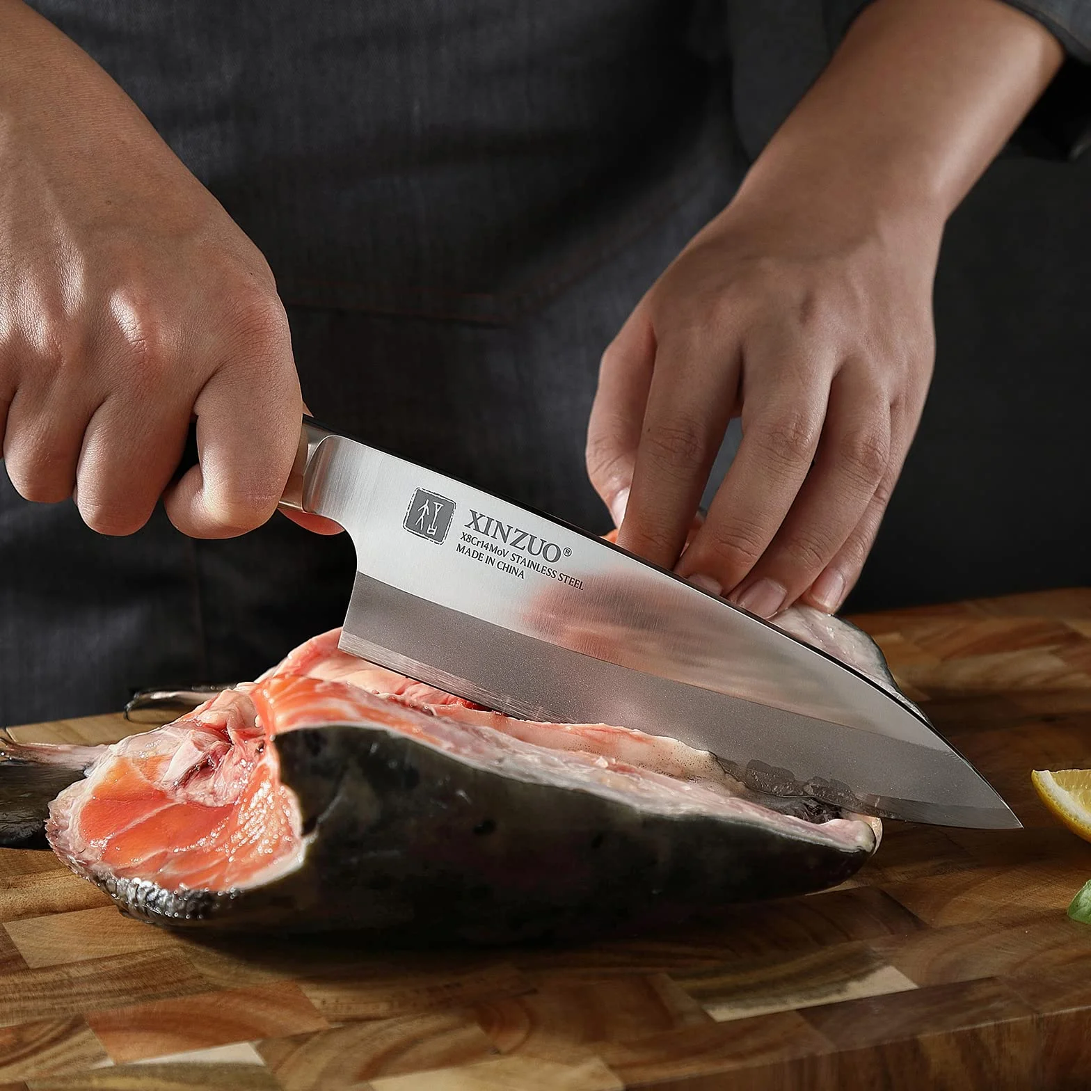 XINZUO 18 cm Deba nóż ze stali nierdzewnej X8Cr14MoV, japoński nóż sashimi do sushi, pojedyncze ostrze, nóż szefa kuchni, profesjonalny nóż do ryb, uchwyt hebanowy, z pochwą z drewna brzozowego