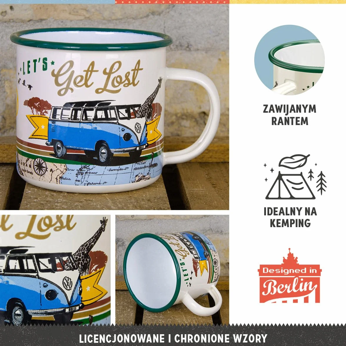 Nostalgic-Art Retro kubek emaliowany, 360 ml, VW Bulli – Let's Get Lost – Pomysł na prezent dla miłośnika Volkswagena Busa, Official License Product (OLP), kubek kempingowy na kawę, Styl vintage