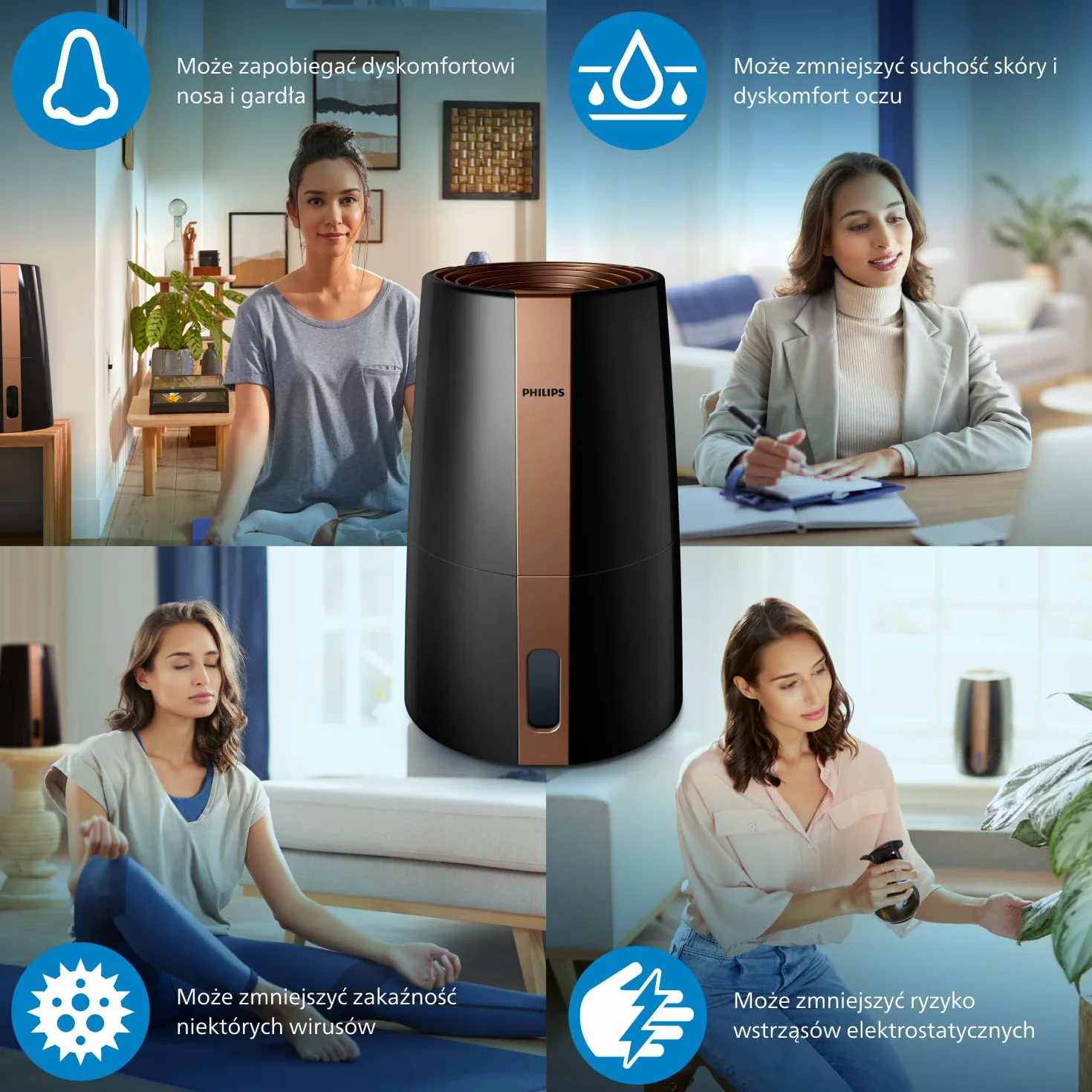 Philips Nawilżacz ewaporacyjny Serii 3000, 45 m², 99,97% mniej bakterii z NanoCloud, 300 ml/h, 3 prędkości, tryb nocny, ultracichy (33 dB), czujnik wilgotności, timer, zbiornik 3L, czarny (HU3918/10)